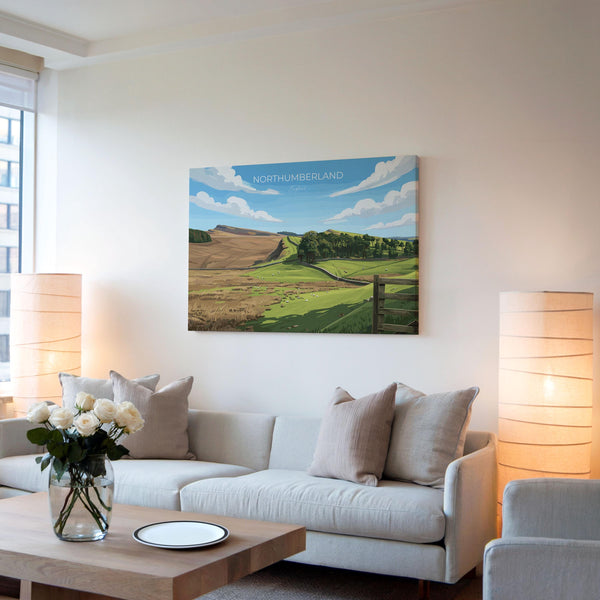 Northumberland Travel Poster Landscape, Travel Print of Northumberland Countryside, Hadrians Wall, England, Housesteads Fort Art,