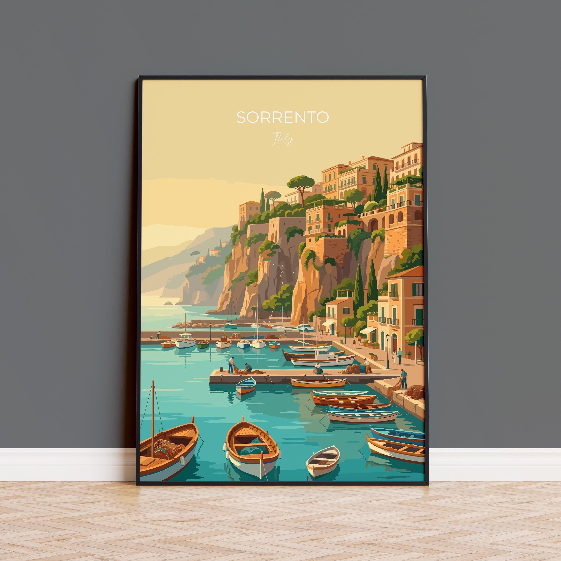 Sorrento Italy Travel Poster, Amalfi Coast Wall Art, Mediterranean Seaside Print, Italian Coastal Landscape, Vintage Style Europe Decor
