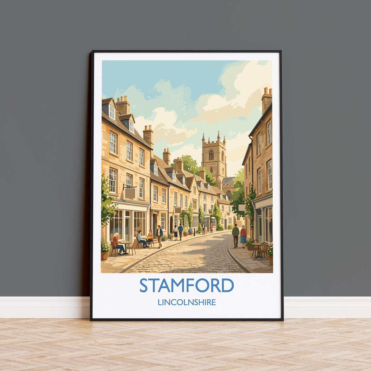 Stamford Lincolnshire Travel Poster, Historic Market Town Wall Art, River Welland Print, Georgian Architecture, Vintage Style UK Decor