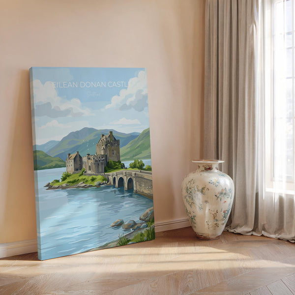Eilean Donan Castle Scotland Travel Print, Scottish Highlands Castle Wall Art, Landscape Poster, Iconic Scotland Illustration, UK Decor