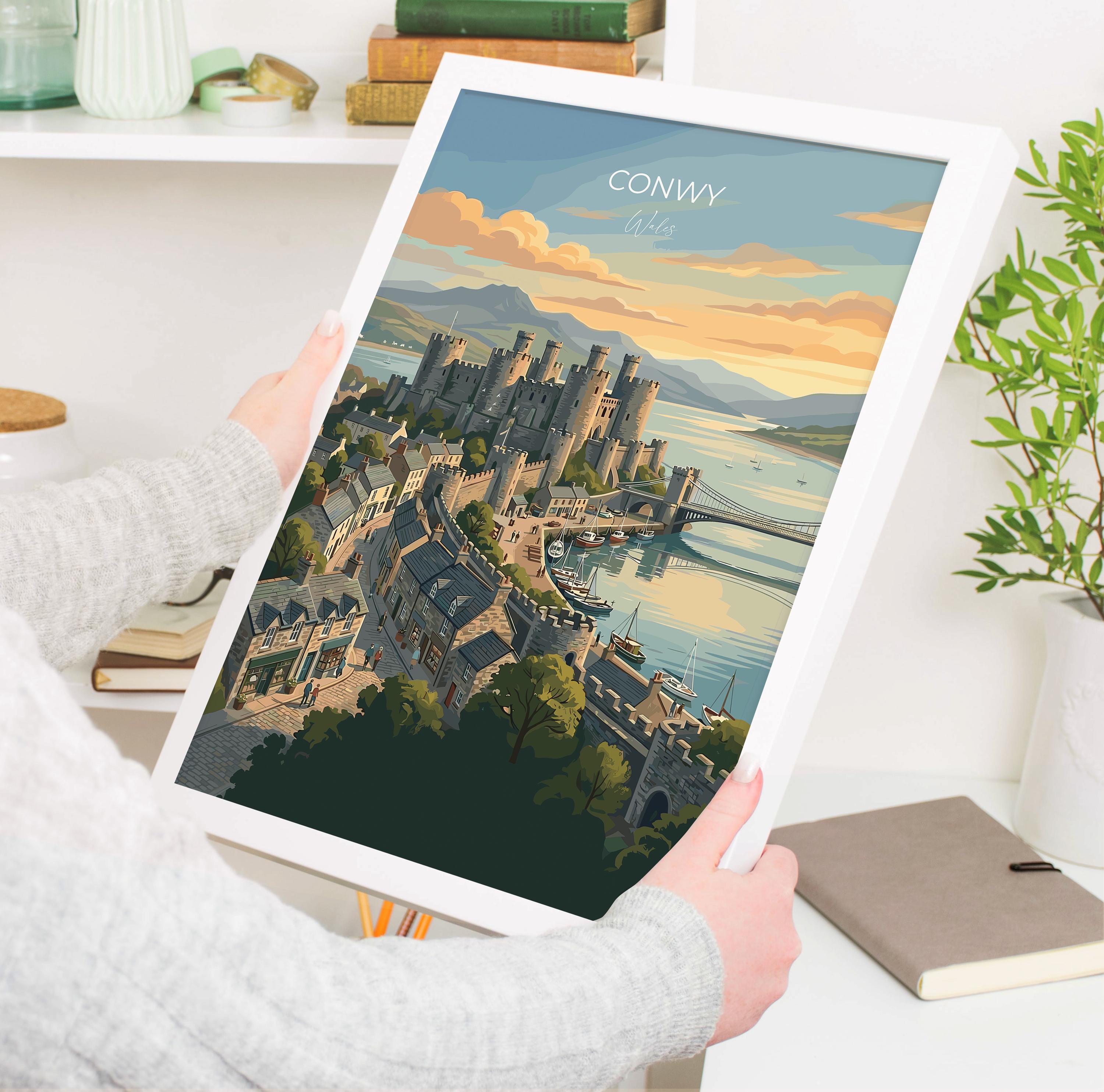 Conwy Wales Travel Print, Conwy Castle Wall Art, Historic Harbour Poster, North Wales Illustration, Vintage Style UK Decor