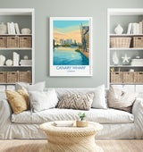 Canary Wharf London Travel Poster, Royal Victoria Dock Wall Art, London Skyline Print, O2 & Cable Car, East London Travel Poster