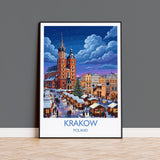 Krakow Christmas Market Print, Poland Winter Wall Art with Border, St Mary’s Basilica Poster, Festive Travel Print, Krakow Gift