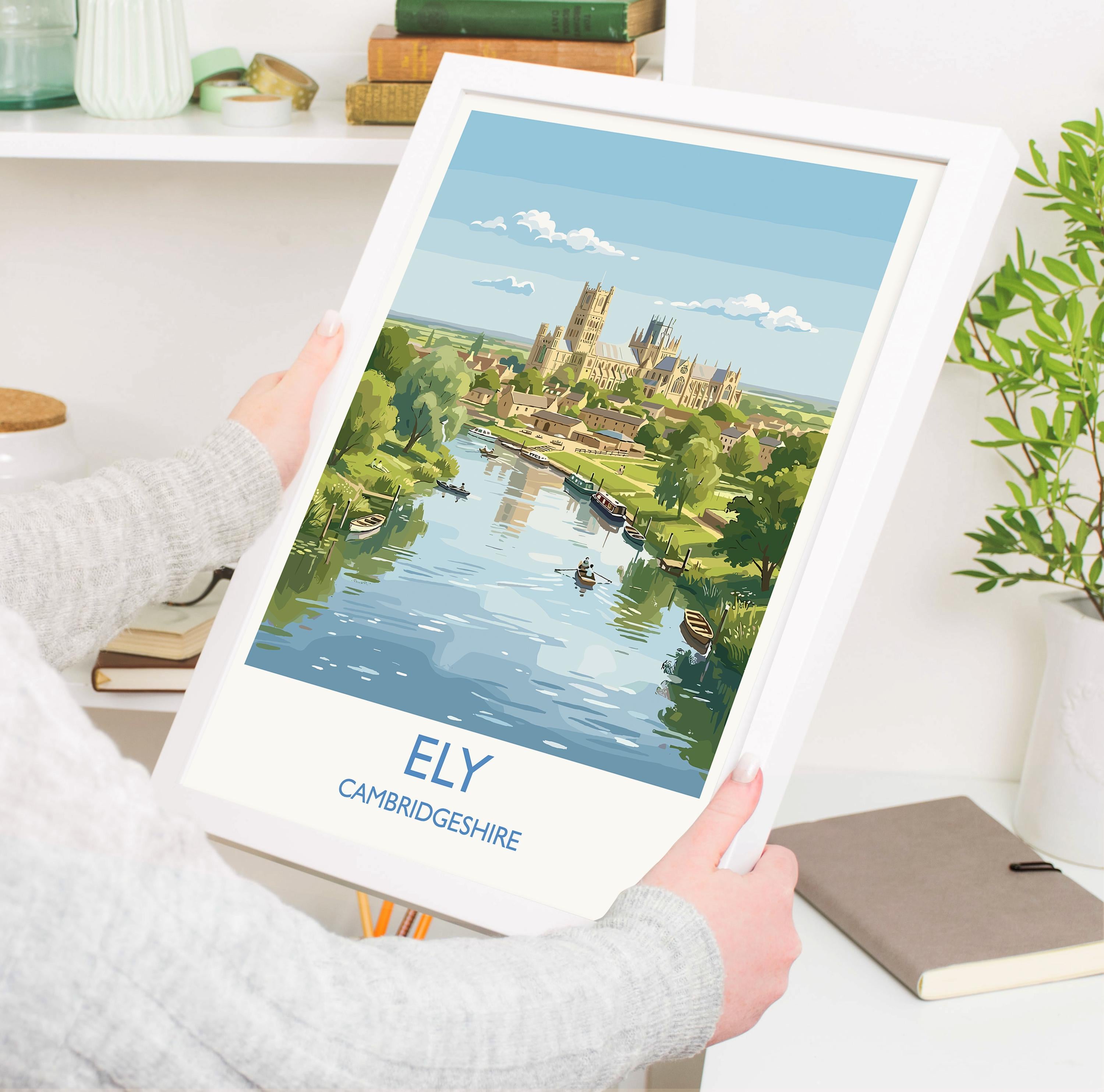 Ely Cathedral Travel Poster, Ely Cambridgeshire Wall Art, Historic England City Print, Gothic Cathedral Illustration, UK Decor, Ely Gift