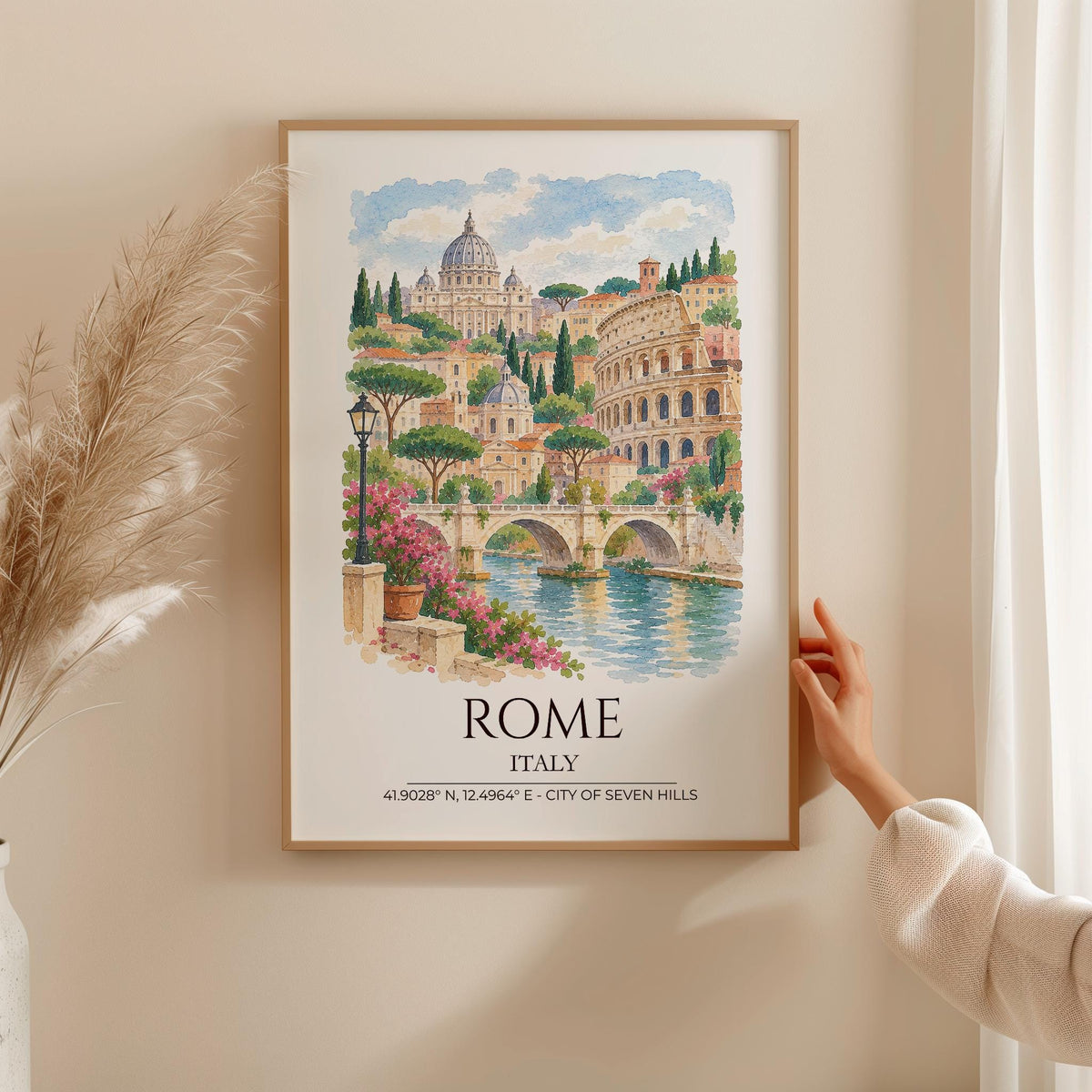 Rome Italy Watercolour Print, Colosseum Wall Art, St Peter's Basilica Poster, Tiber River Print, Italian Coordinates Print
