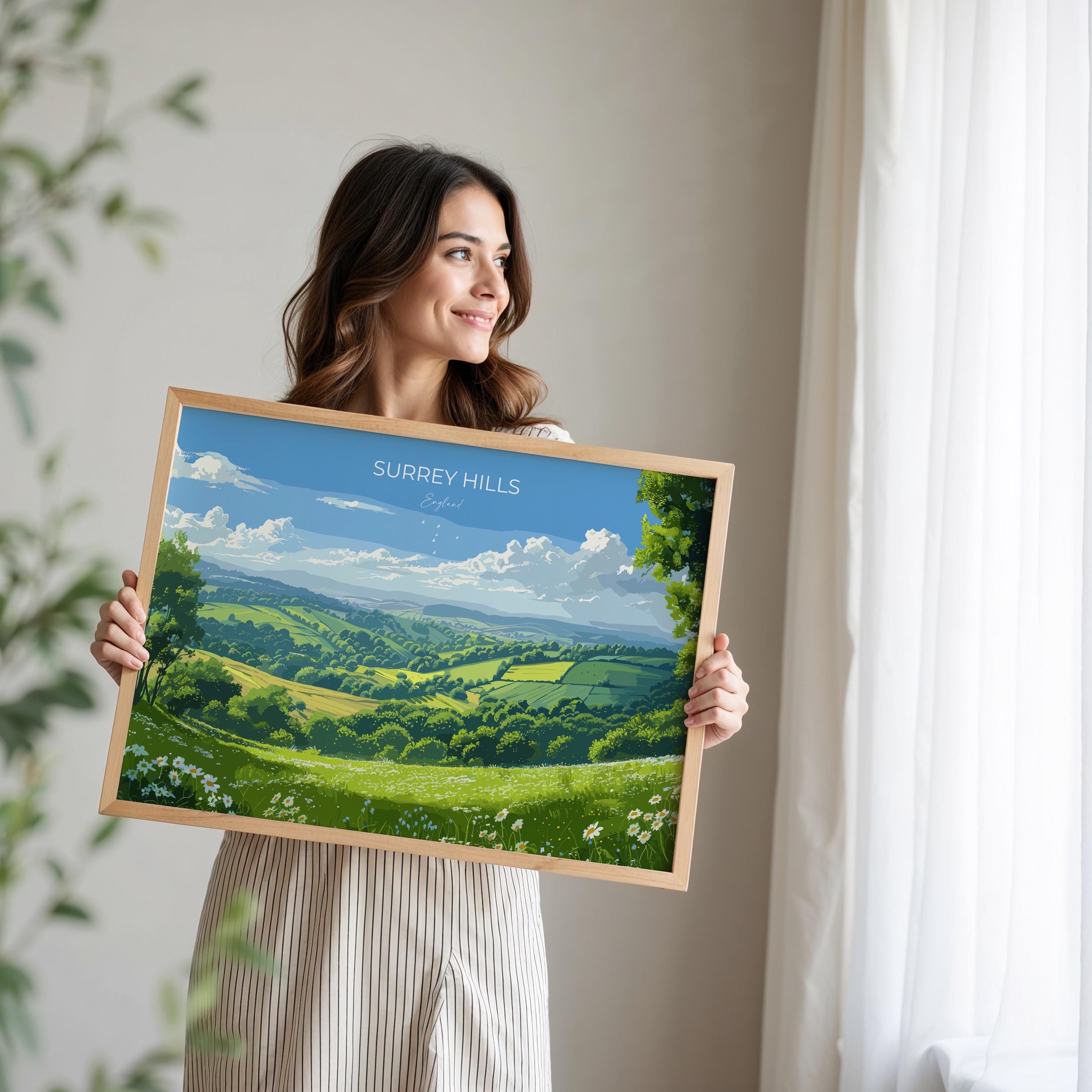 Surrey Hills Landscape Travel Poster Wall Art, Surrey Hills Travel Print, English Countryside Art Gift, Wall Art Print NQ Media Designs