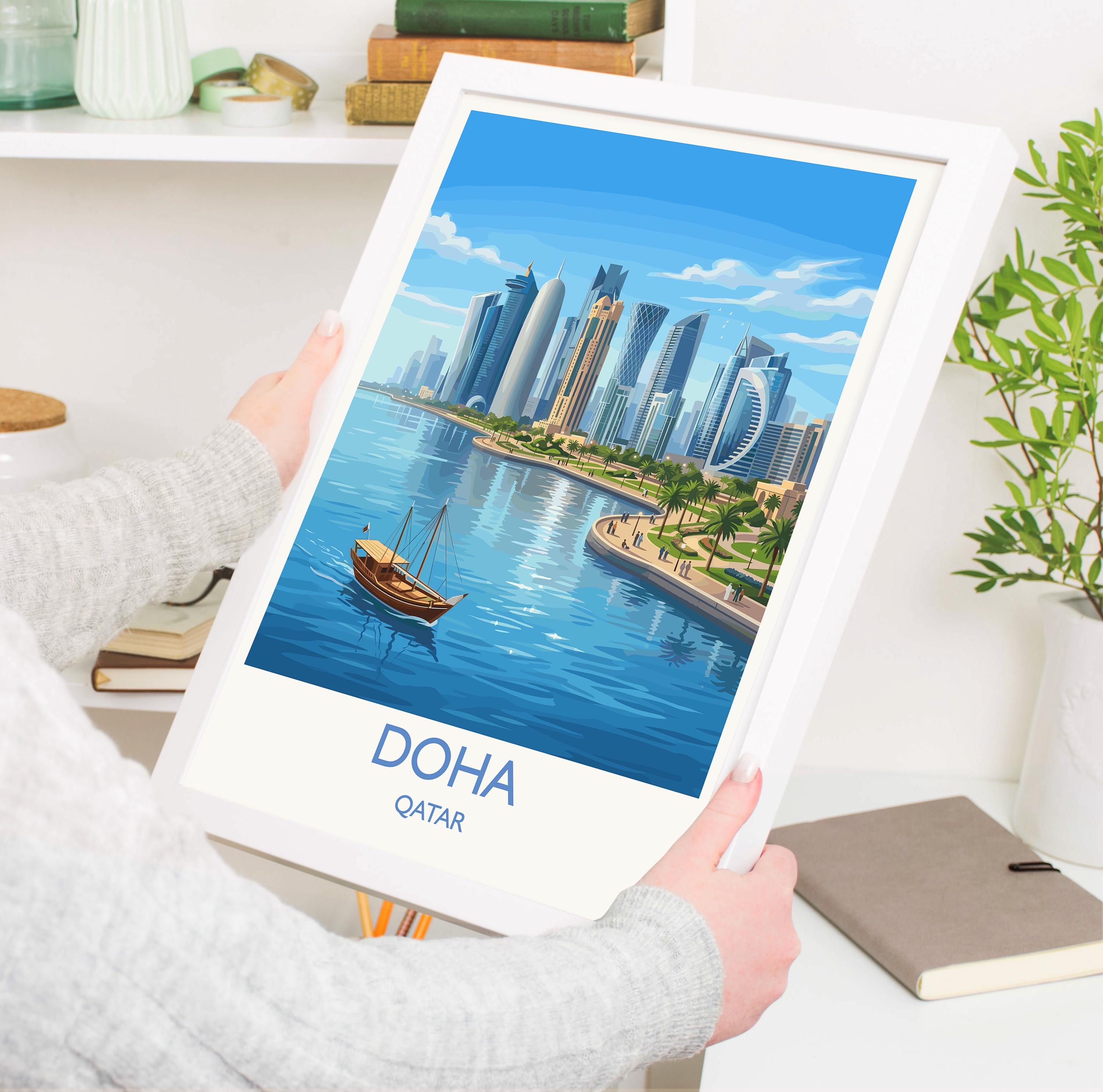 Doha Qatar Travel Poster, Doha Skyline Wall Art, Modern Cityscape Print, Arabian Gulf Illustration, Vintage Style Middle East Decor