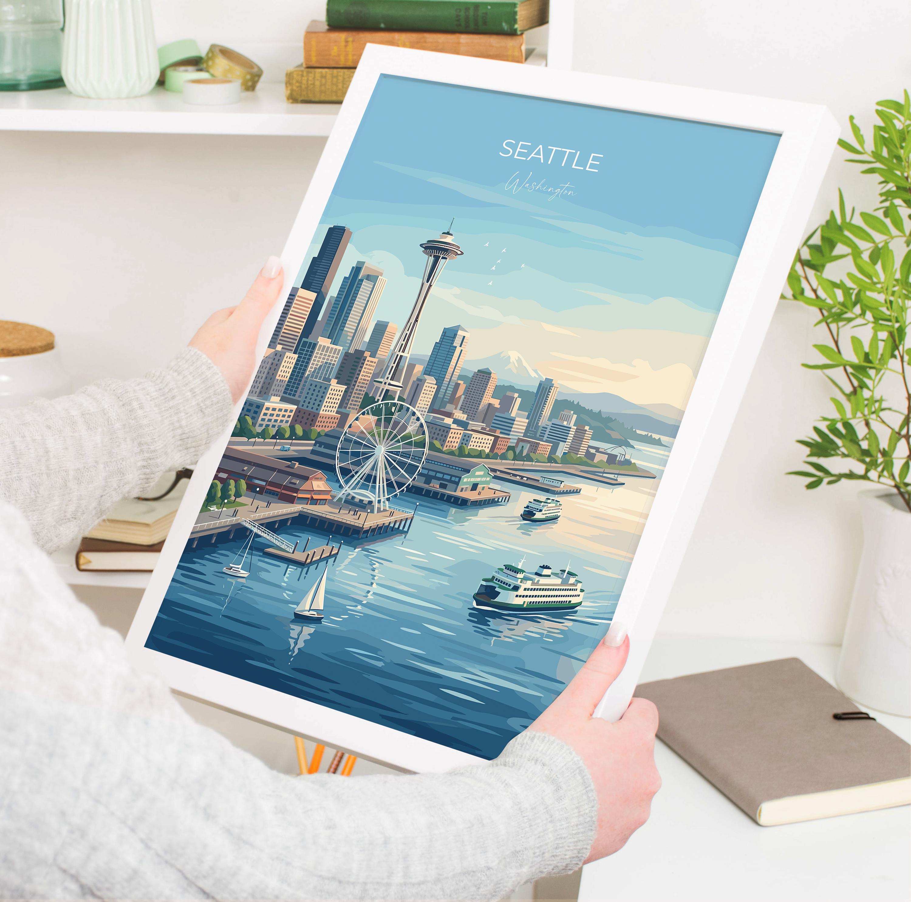 Seattle Washington Travel Print, Seattle Skyline Wall Art, Space Needle Cityscape Poster, Pacific Northwest Illustration, Vintage USA Decor