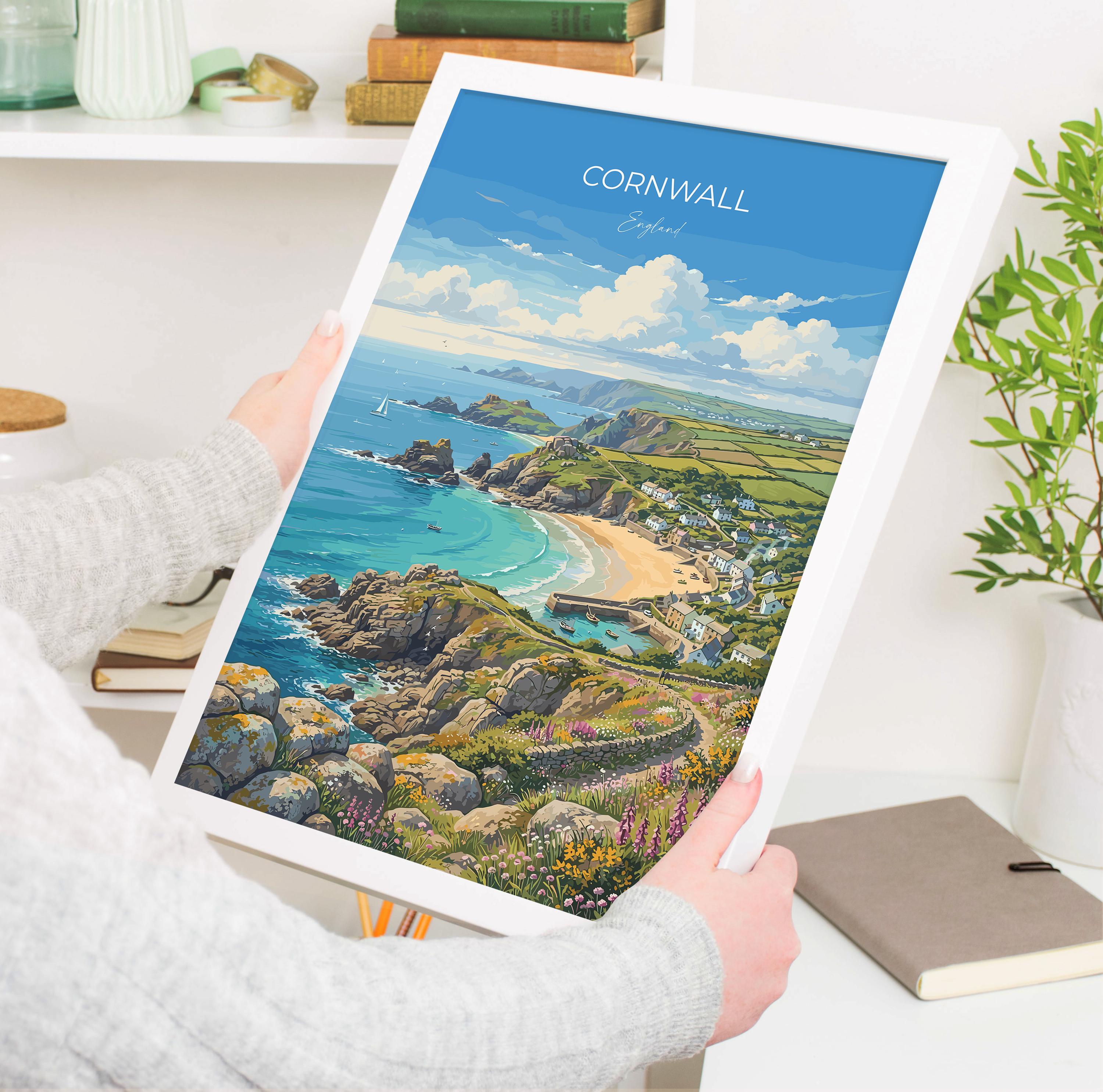 Cornwall England Travel Print, Cornish Coast Wall Art, Coastal Landscape Poster, Seaside Illustration, Vintage Style UK Decor