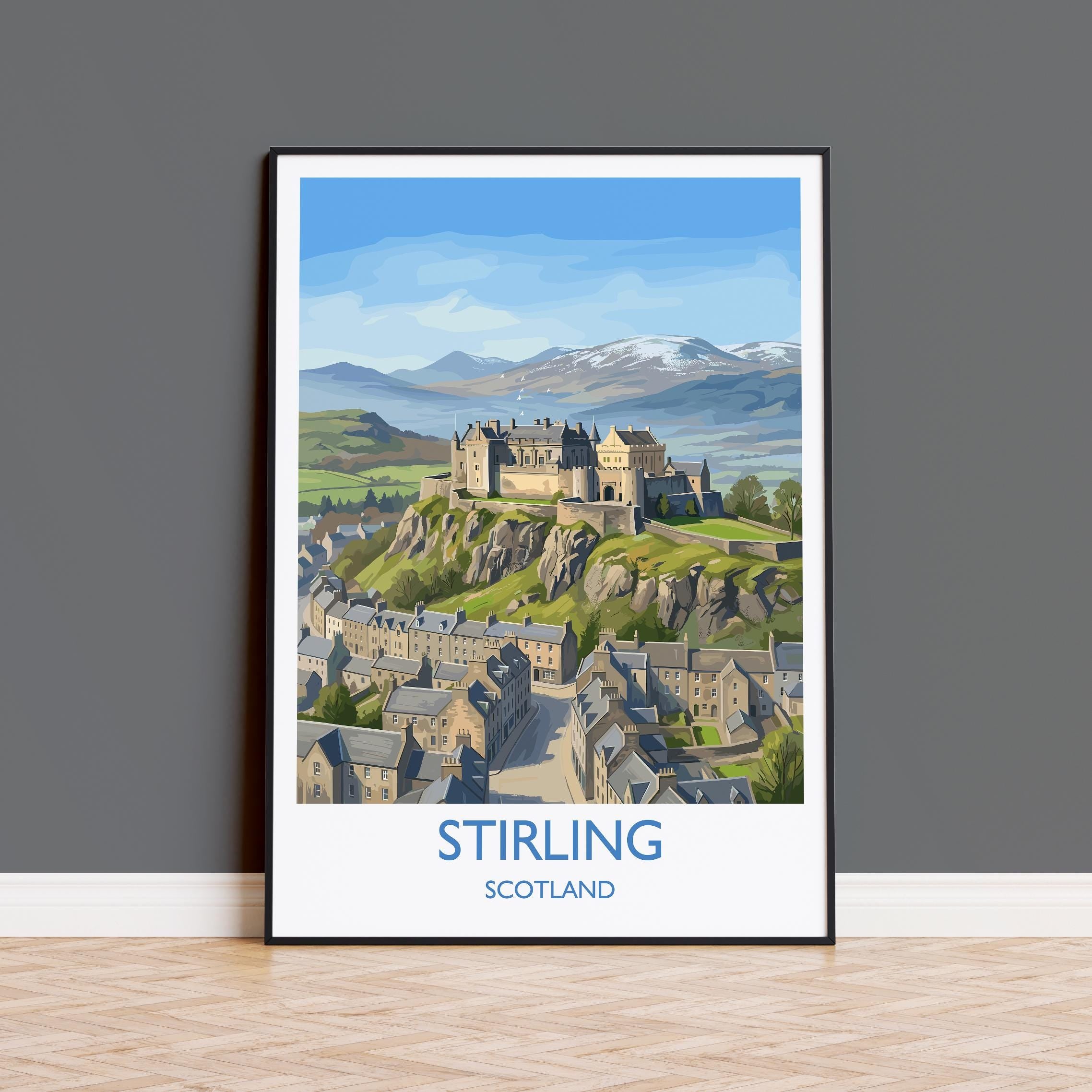 Stirling Castle Scotland Travel Poster, Scottish Highlands Wall Art, Stirling City Landscape Print, Historic Castle Illustration, UK Decor