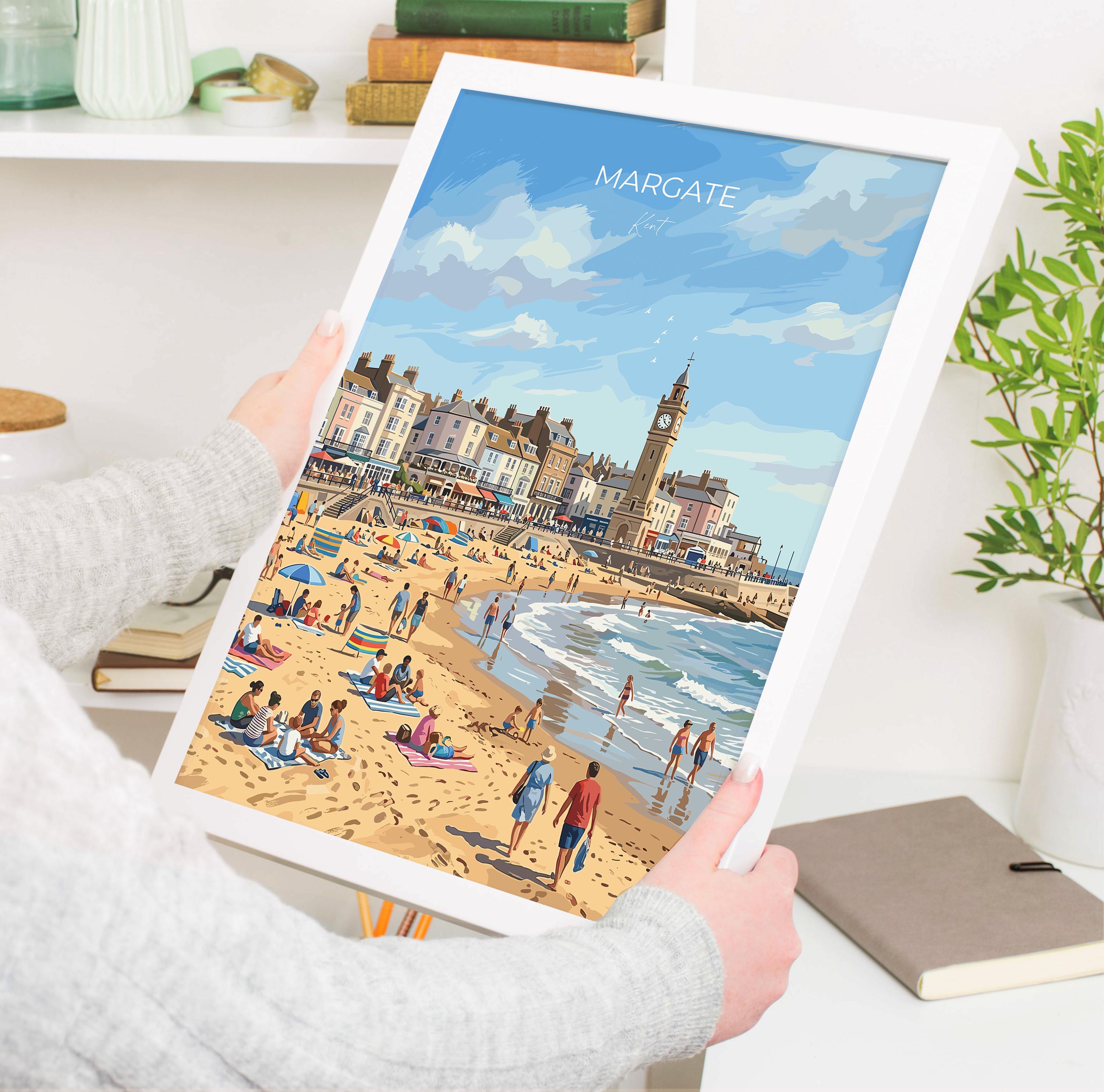 Margate Travel Print, Margate Beach Clock Tower Wall Art, Kent Seaside Poster, Promenade Illustration, Vintage Style UK Coastal Decor