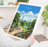 London Skyline Travel Poster, Big Ben & London Eye Wall Art, St Paul’s Cathedral Print, London Park Scene Illustration, Vintage Style UK NQ Media Designs