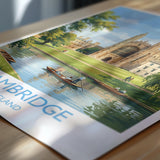 Cambridge Travel Poster, Kings College Cambridge Wall Art, River Cam Punting Scene Print, Historic University Illustration, UK Vintage Style NQ Media Designs