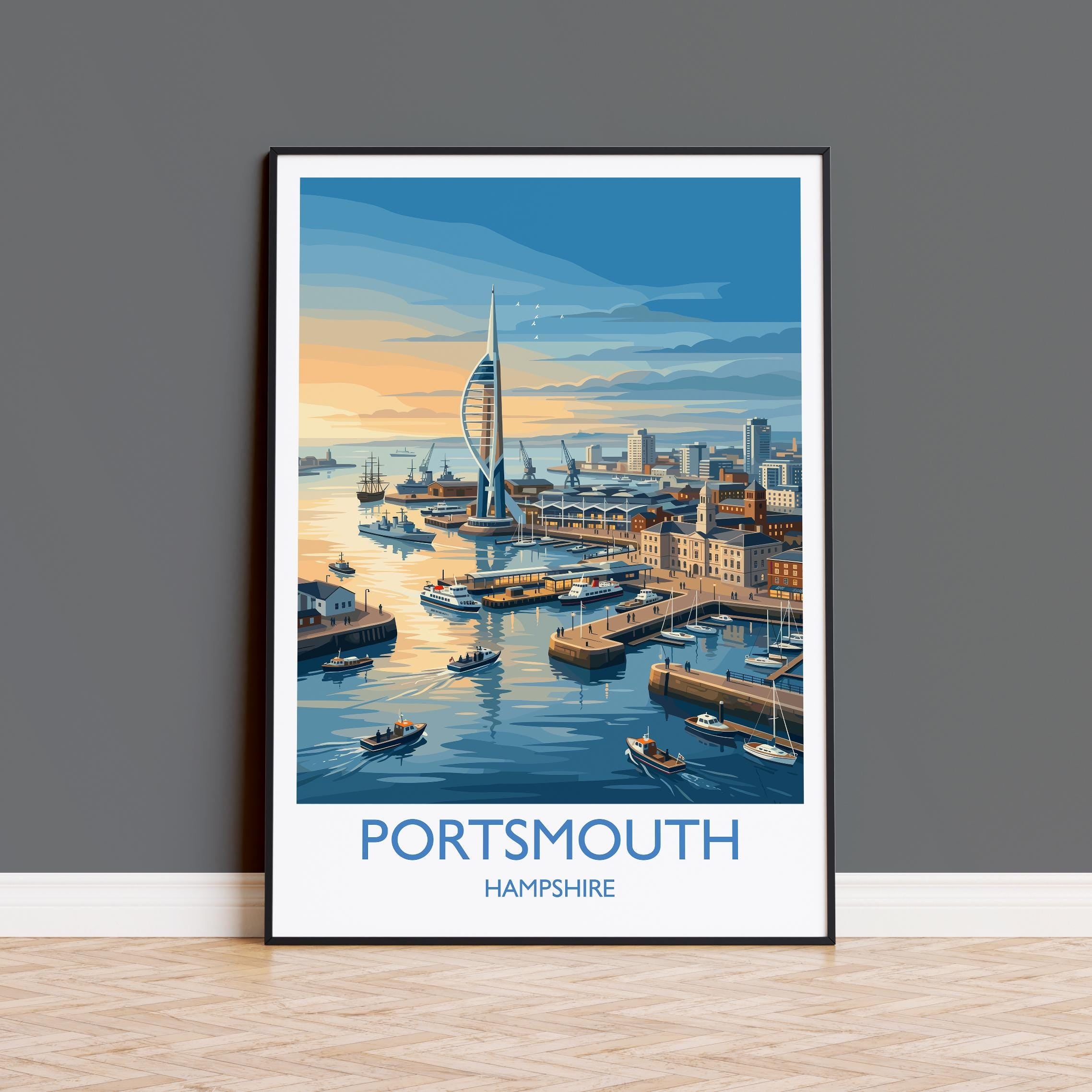 Portsmouth Travel Poster Print, Southsea & Spinnaker Tower Wall Art, Hampshire Coastal City Illustration, UK Travel Decor, Seaside Gift