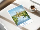 Ely Cathedral Travel Poster, Ely Cambridgeshire Wall Art, Historic England City Print, Gothic Cathedral Illustration, UK Decor, Ely Gift