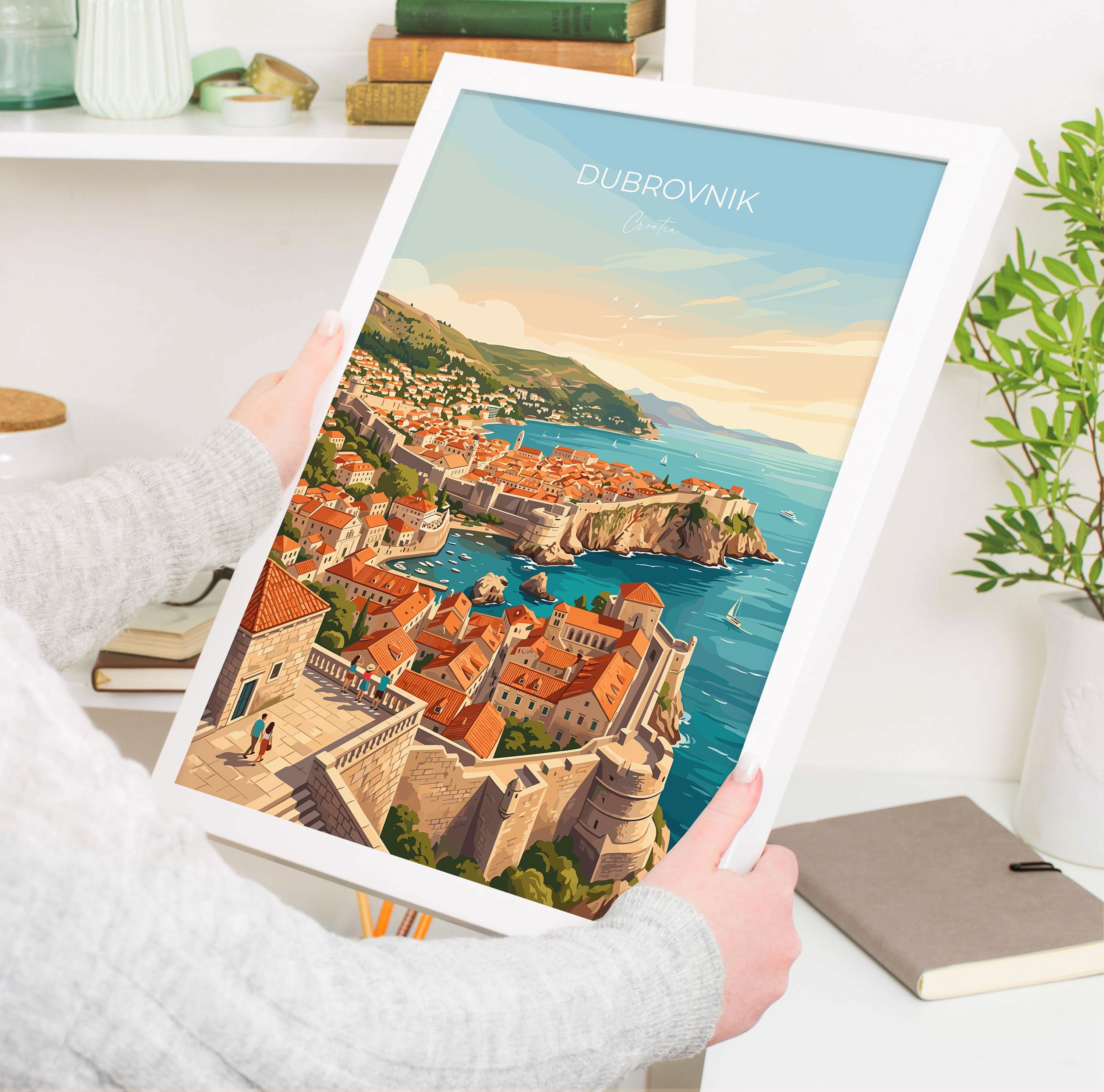 Dubrovnik Croatia Travel Print, Old Town Wall Art, Adriatic Coast Poster, Historic City Walls Illustration, Vintage Style Europe Decor