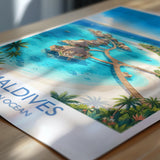 Maldives Indian Ocean Travel Poster, Tropical Island Wall Art, Maldives Beach Print, Overwater Bungalows, Luxury Island Travel Poster