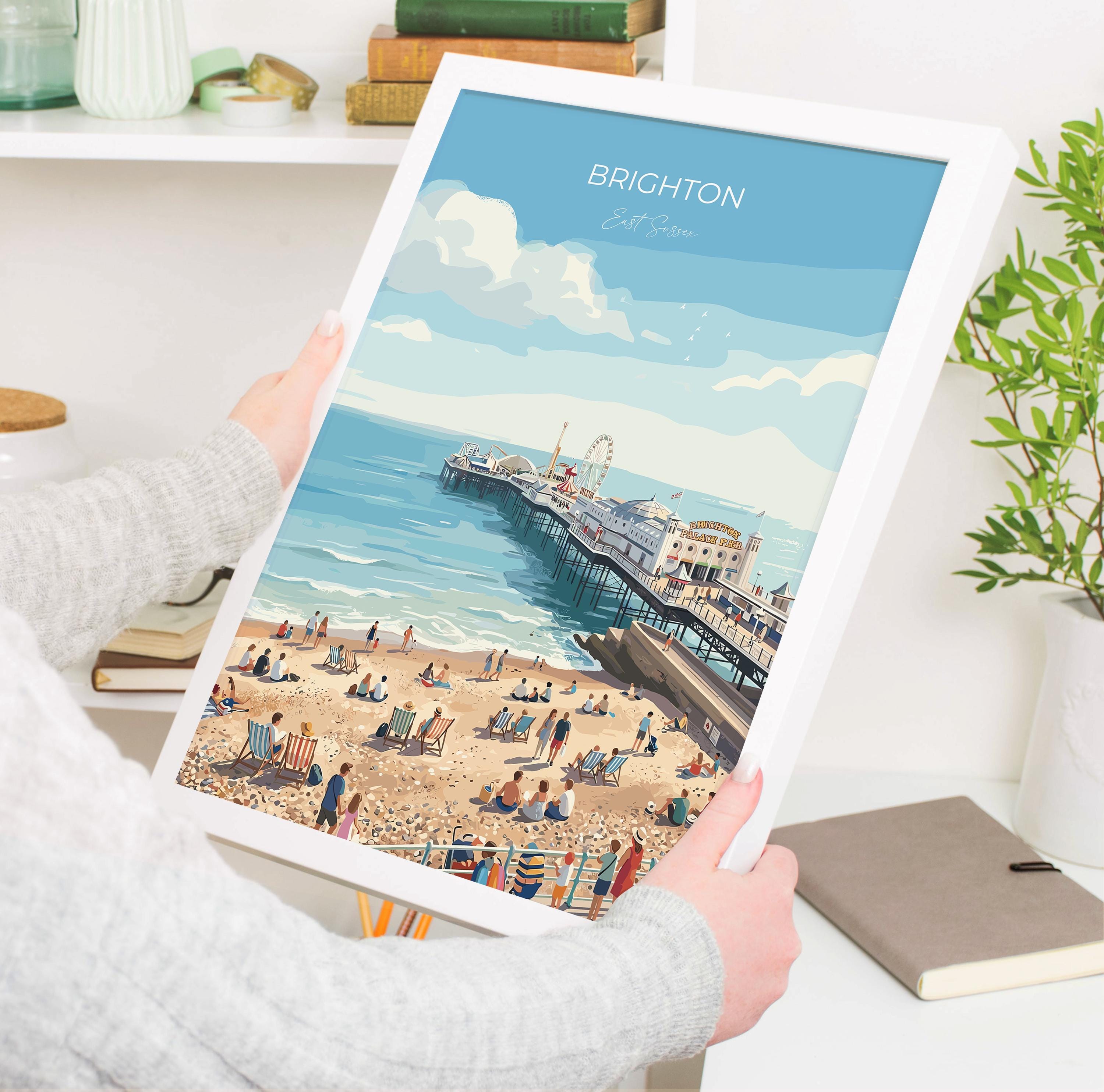 Brighton Travel Print, Brighton Pier Wall Art, Seaside Poster UK, Royal Pavilion Illustration, Vintage Style Coastal Decor, Brighton Gift NQ Media Designs
