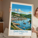 Dartmouth Print, Devon Travel Poster with White Border, River Dart Wall Art, Britannia Royal Naval College Print, Devon Coastal Gift