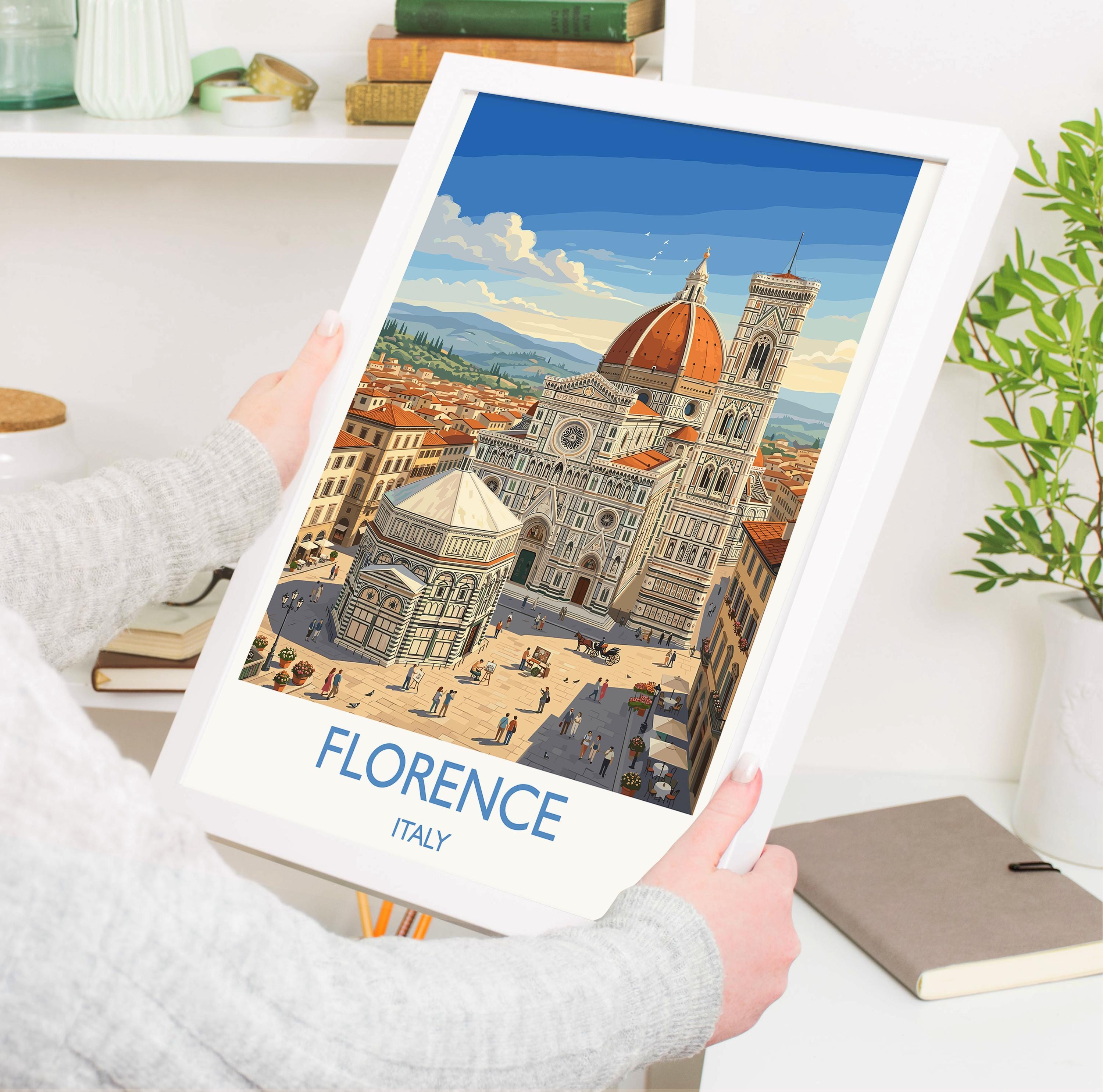 Florence Duomo Travel Poster, Cathedral of Santa Maria del Fiore Wall Art, Piazza del Duomo Print, Florence Italy Vintage Travel Poster