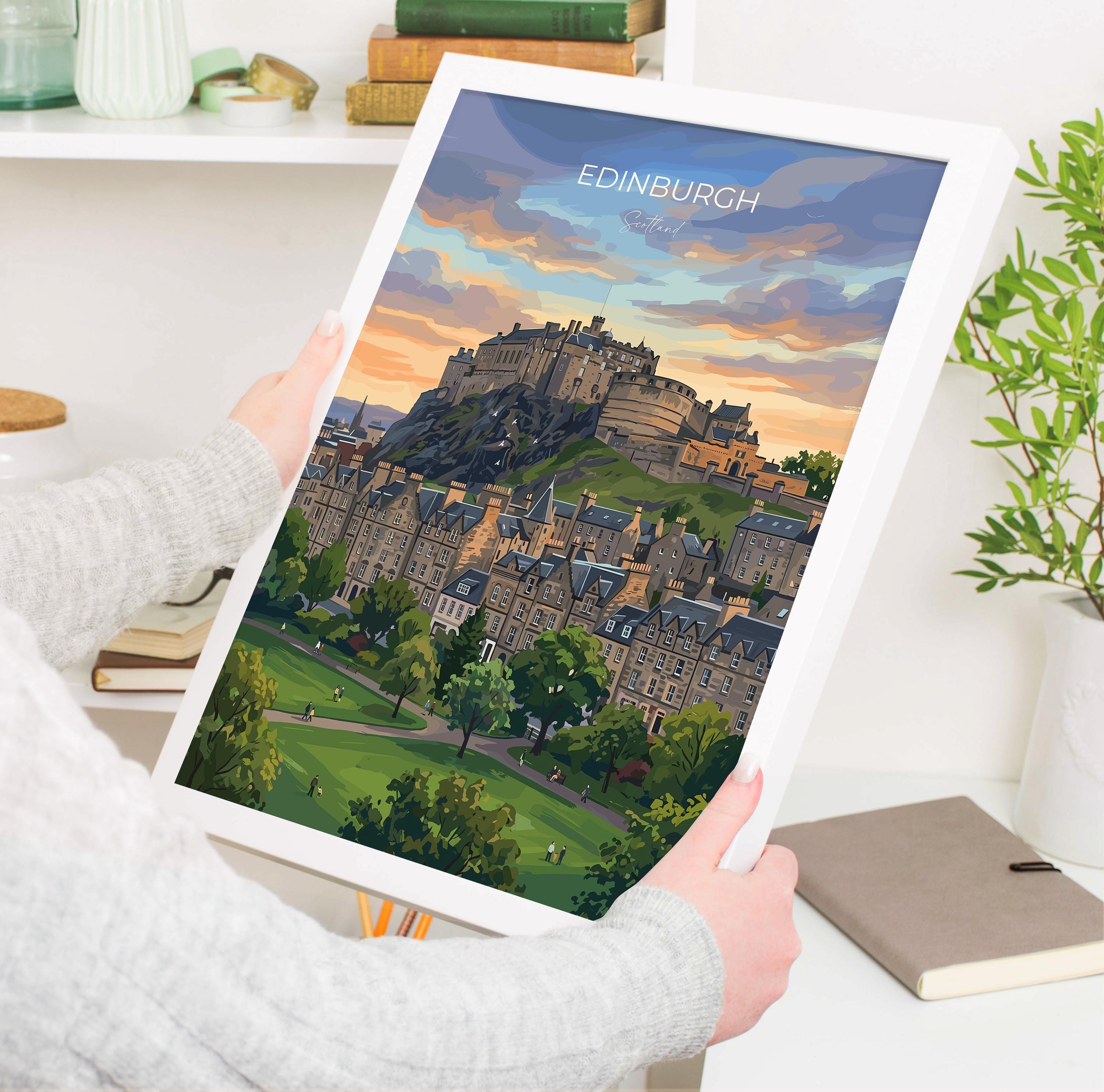 Edinburgh Castle Travel Print, Princes Street Gardens Wall Art, Edinburgh City Poster, Scotland Skyline Illustration, Vintage Style UK Decor