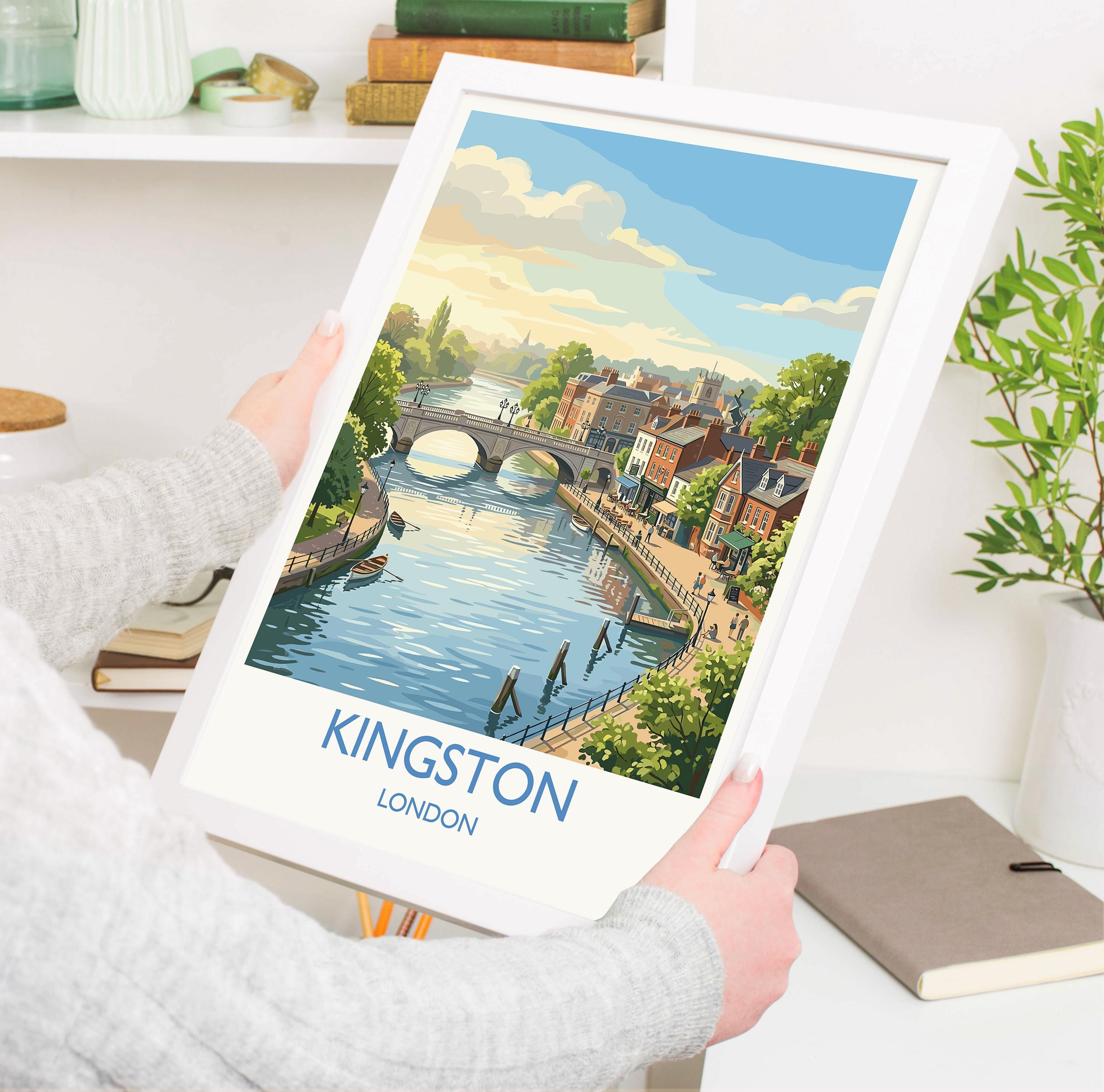 Kingston upon Thames Travel Poster, Kingston Bridge River Thames Wall Art, Surrey Riverside Print, Historic Town Art, Vintage Style UK Decor