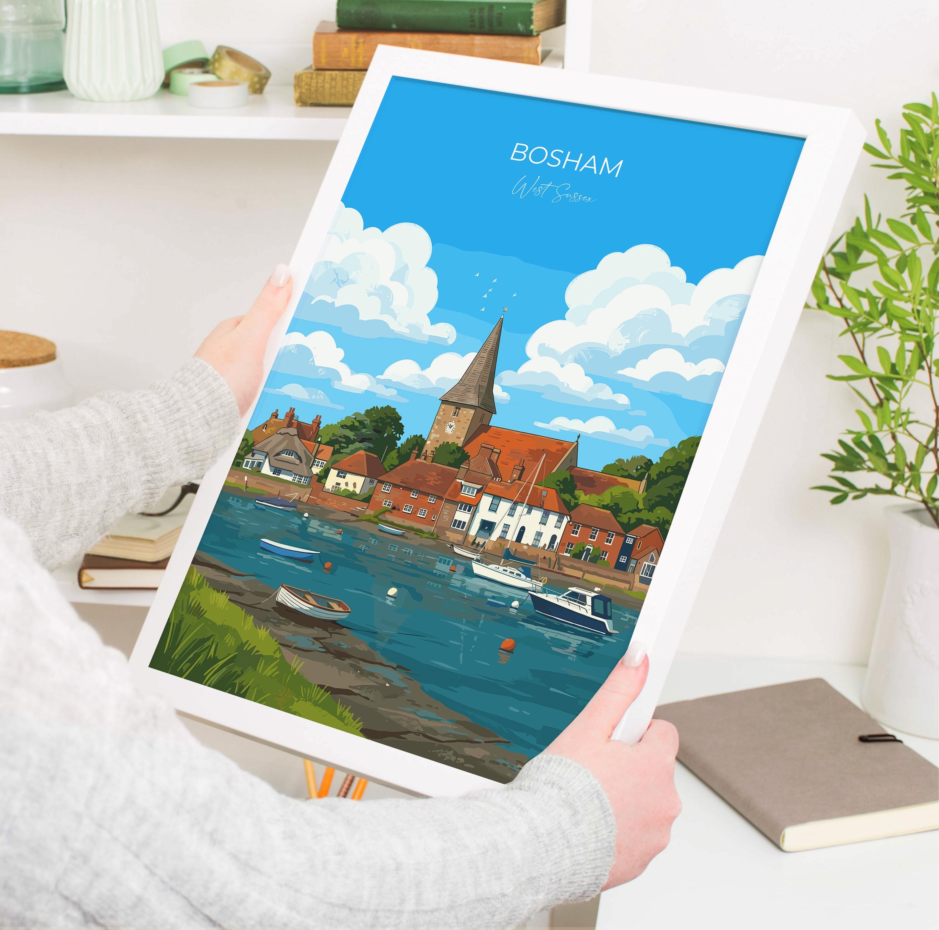 Bosham West Sussex Travel Print, Bosham Harbour Wall Art, Holy Trinity Church Poster, Coastal Village Illustration, Vintage Style UK Decor