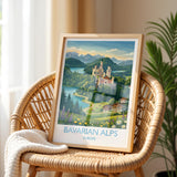 Bavarian Alps Travel Poster, Neuschwanstein Castle Wall Art, Bavaria Germany Print, Alpine Mountain Landscape Illustration, Europe Decor