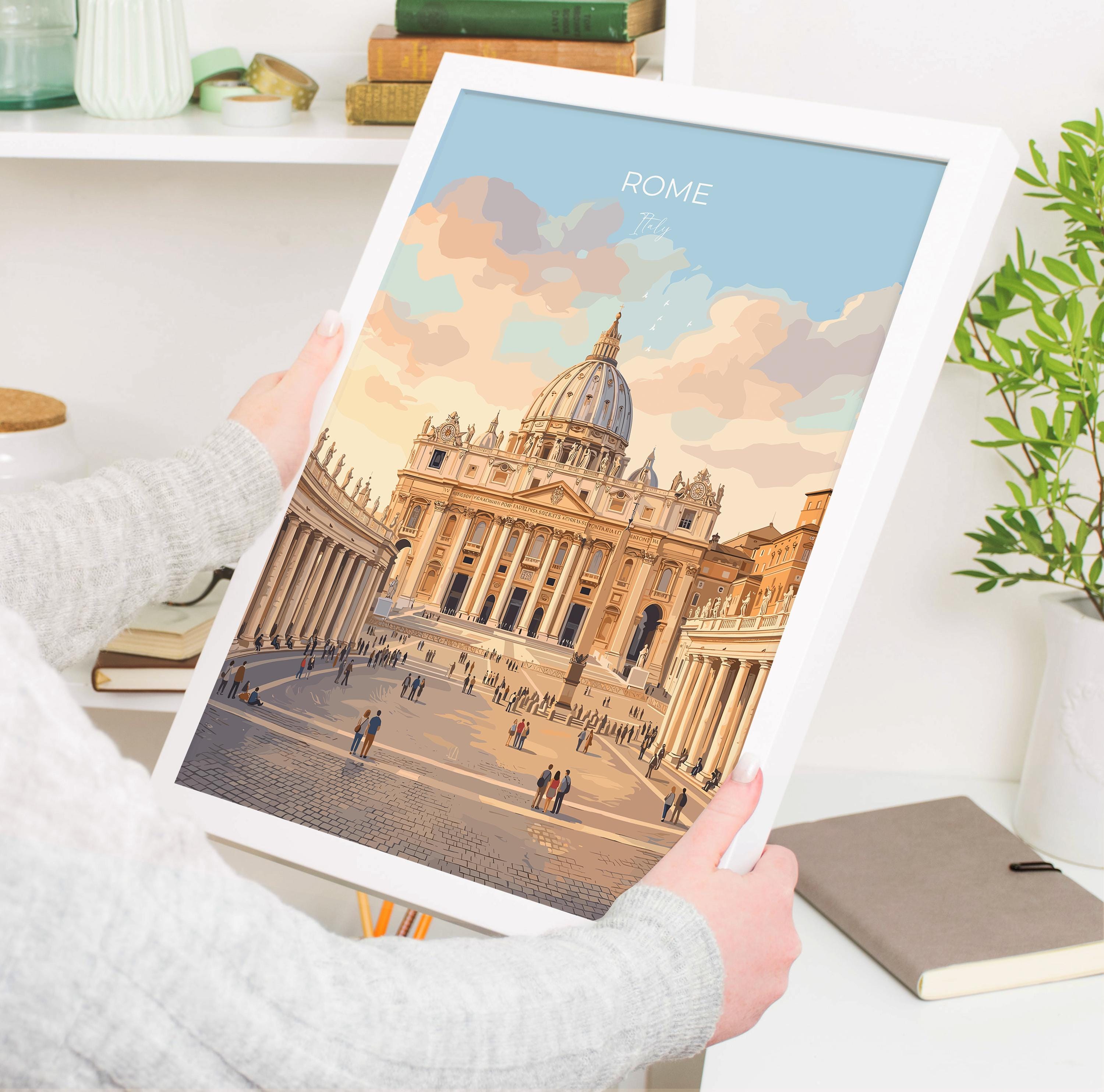 Rome St Peters Basilica Travel Print, Vatican Skyline Wall Art, Tiber River View Poster, Historic Cityscape Illustration, Italy Decor