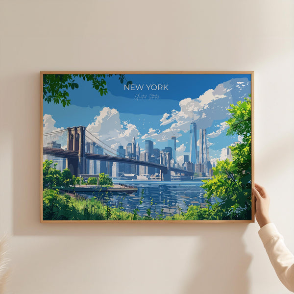 Brooklyn Bridge New York Landscape Travel Print Wall Art, Travel Poster of New York, New York Art Lovers Gift, New York, USA Travel Art