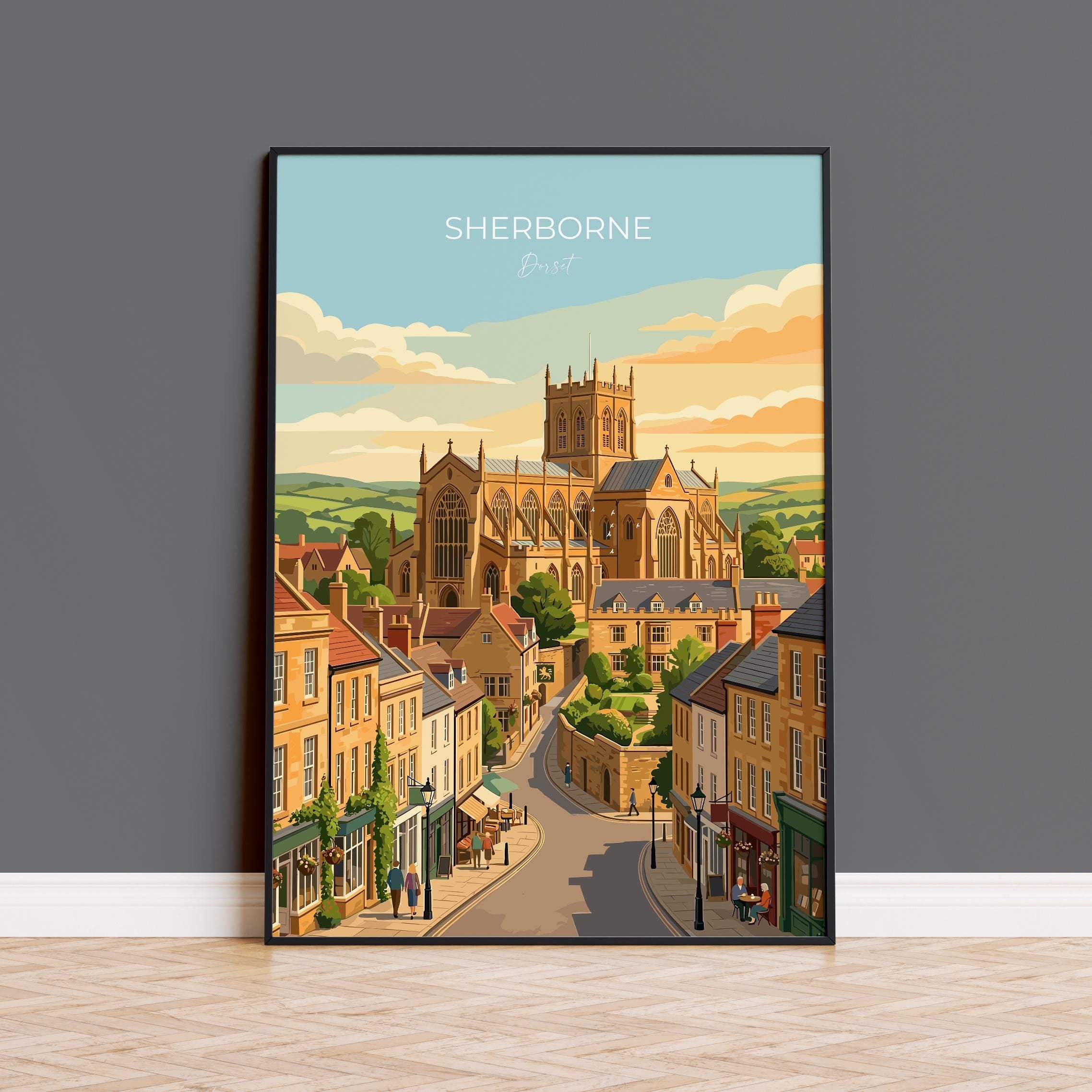 Sherborne Dorset Poster, Historic Abbey Wall Art, English Market Town Print, Dorset Travel Art, Castle & Countryside Decor
