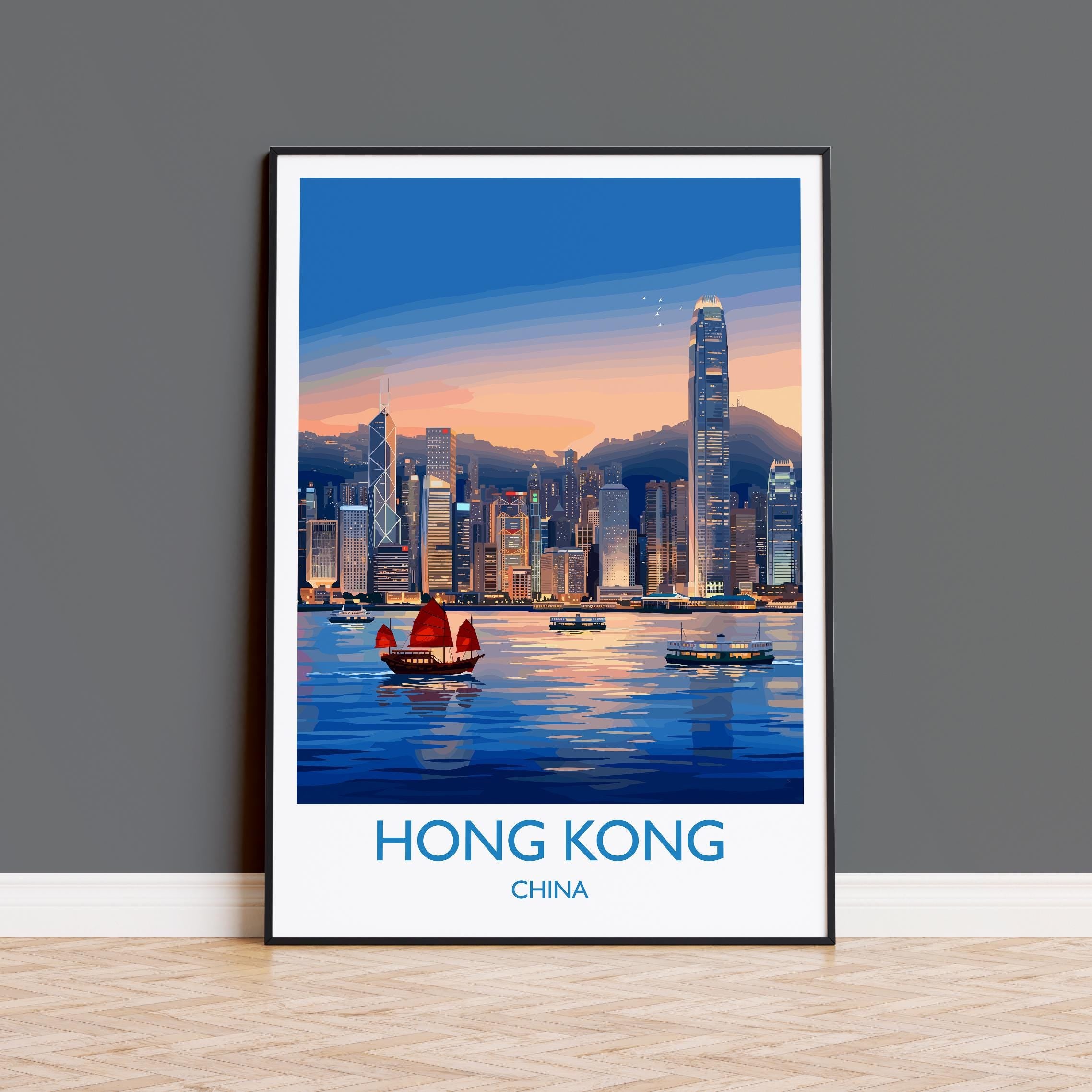Hong Kong Travel Poster, Victoria Harbour Wall Art, Hong Kong Skyline Print, Star Ferry Illustration, Vintage Style Asia City Decor