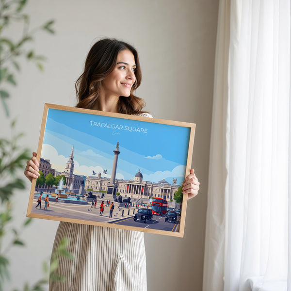 Trafalgar Square Landscape London Travel Print, London Wall Art Poster, Nelson’s Column Illustration,UK City Decor, Landmark Gift