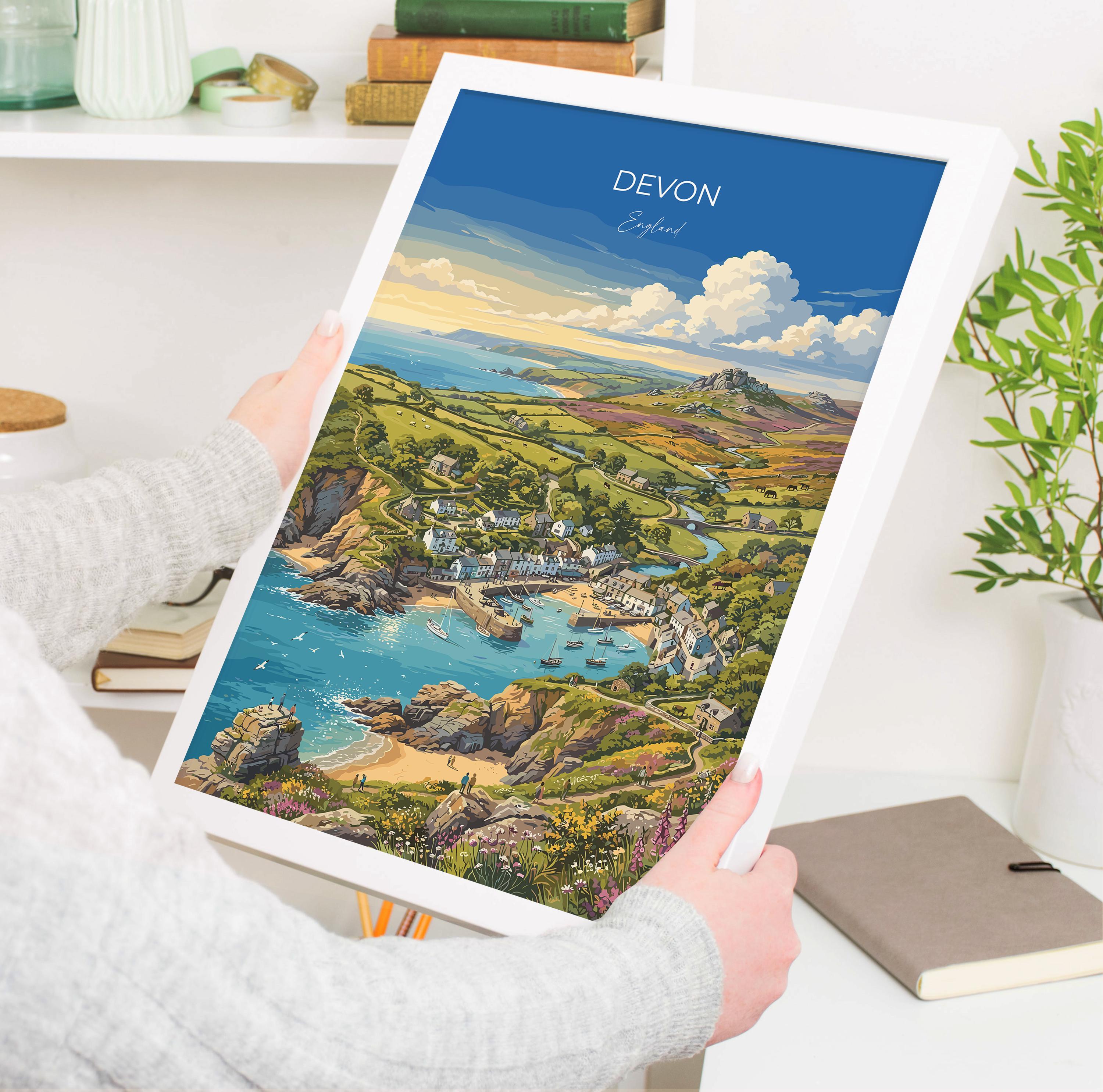 Devon England Travel Print, Devon Coast Wall Art, English Riviera Poster, Dartmoor Landscape, Vintage Style UK Decor