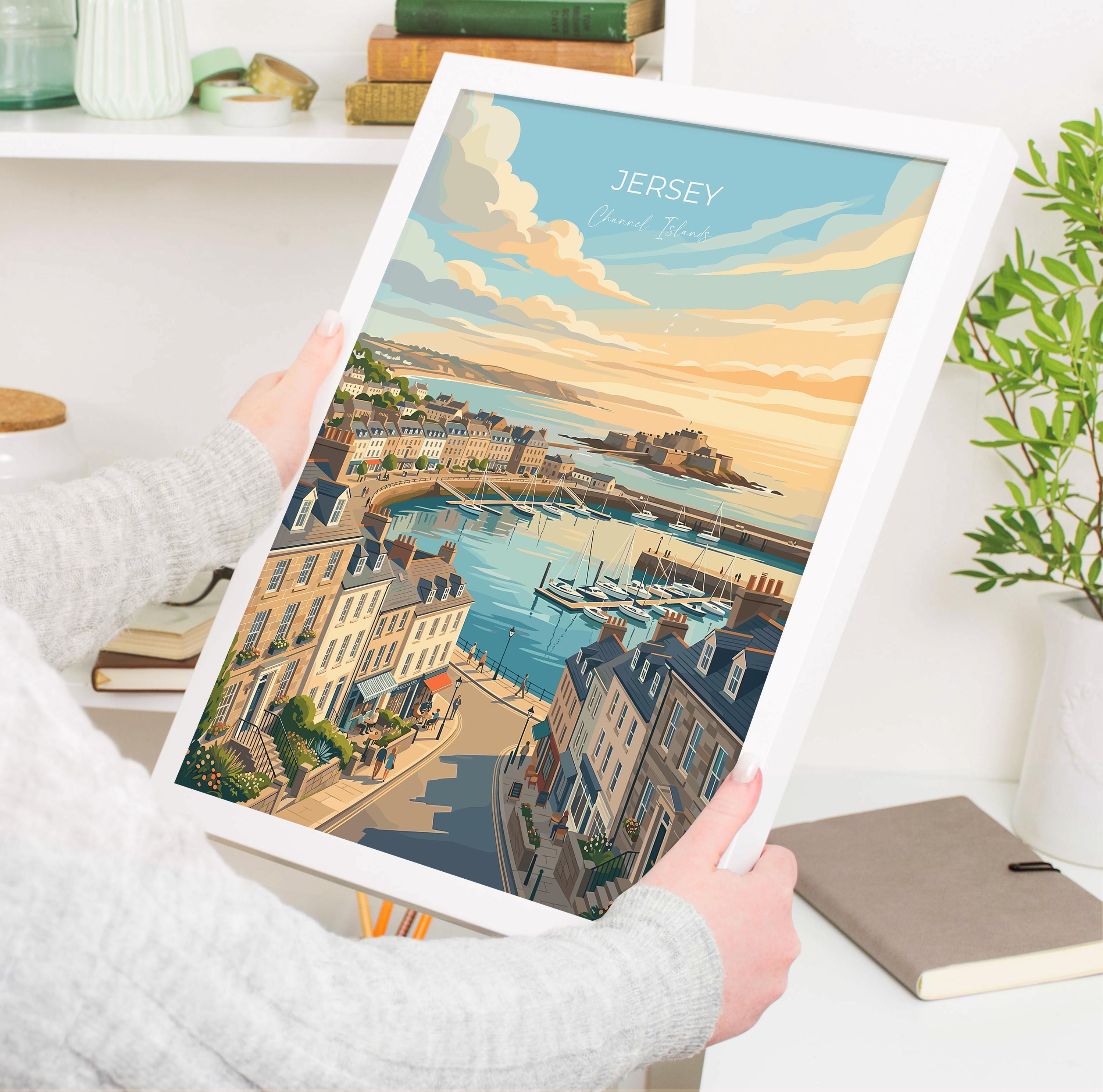 Jersey Channel Islands Travel Print, Coastal Wall Art, Harbour & Seaside Poster, British Island Illustration, Vintage Style UK Decor