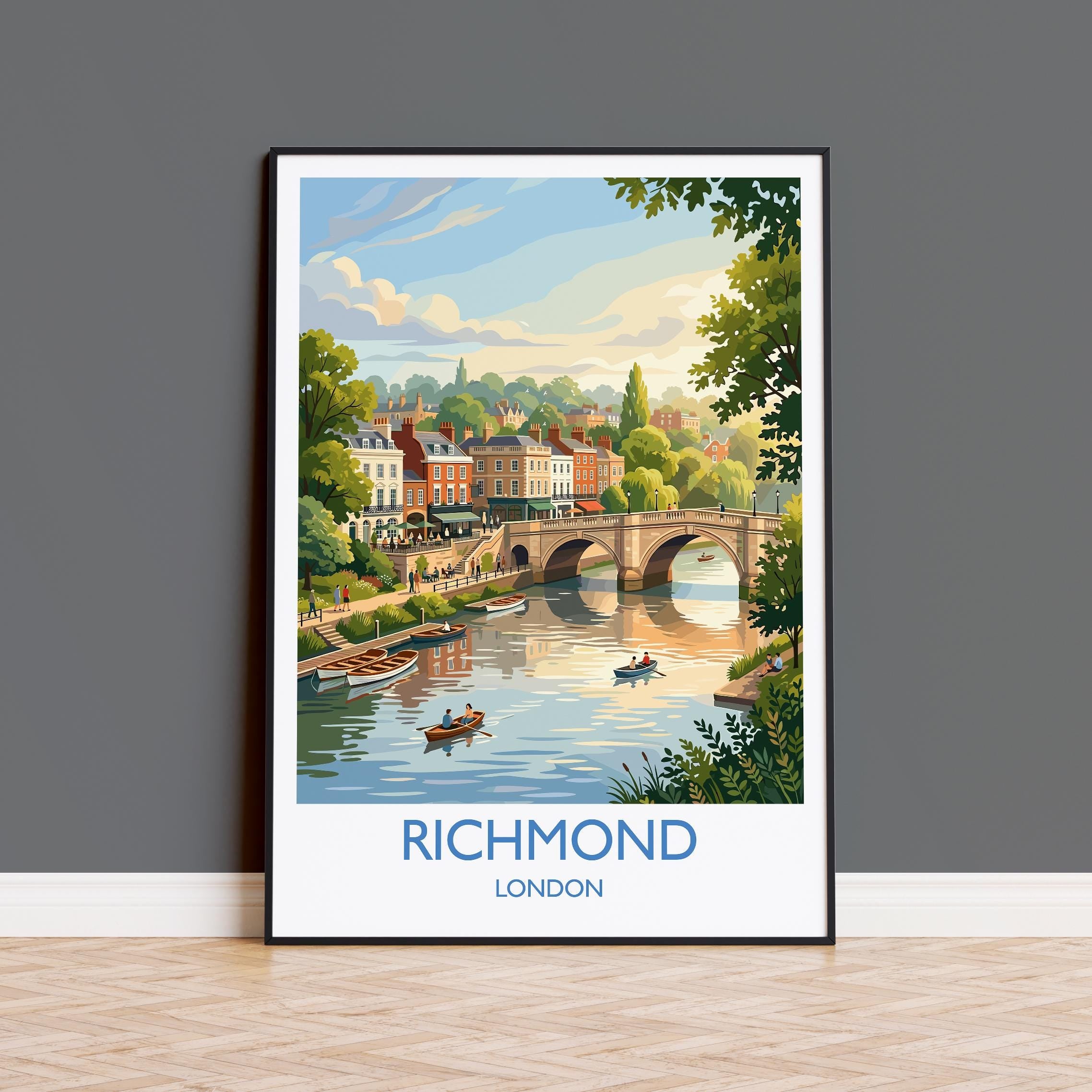 Richmond upon Thames Travel Poster, Richmond Bridge River Thames Wall Art, London Riverside Print, Historic Town Art, Vintage Style UK Decor