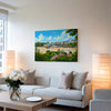 a living room with a large painting of a cityscape hanging on the wall, a sofa with pillows, and a coffee table with a vase of white flowers.