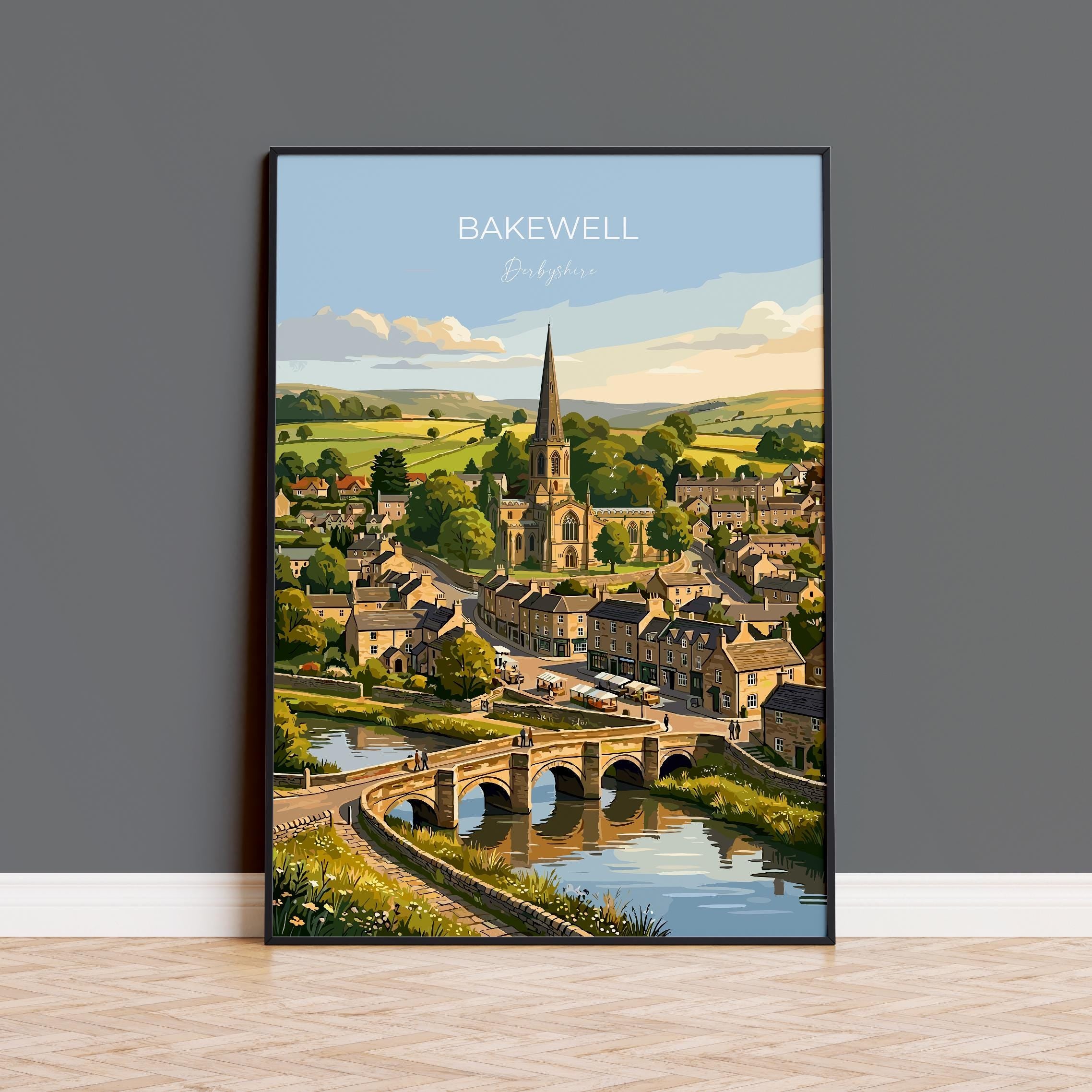 Bakewell Derbyshire Travel Print, Peak District Wall Art, River Wye Town Poster, Historic Market Town Illustration, Vintage Style UK Decor