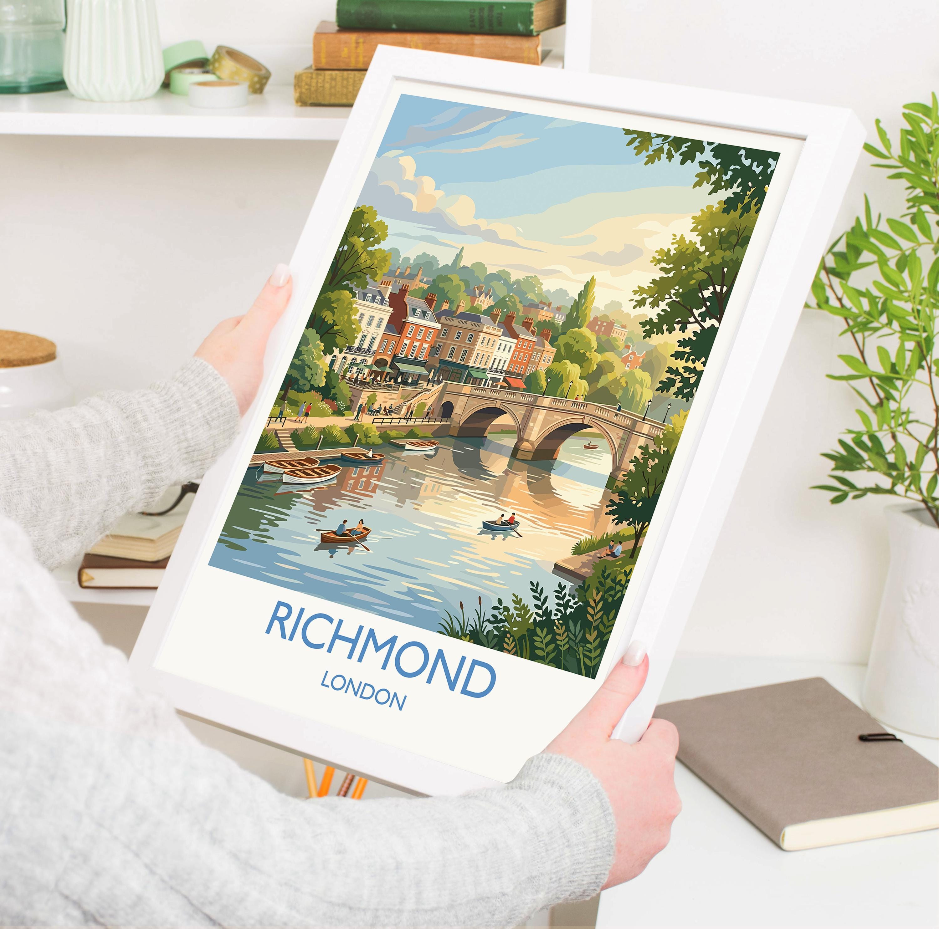 Richmond upon Thames Travel Poster, Richmond Bridge River Thames Wall Art, London Riverside Print, Historic Town Art, Vintage Style UK Decor