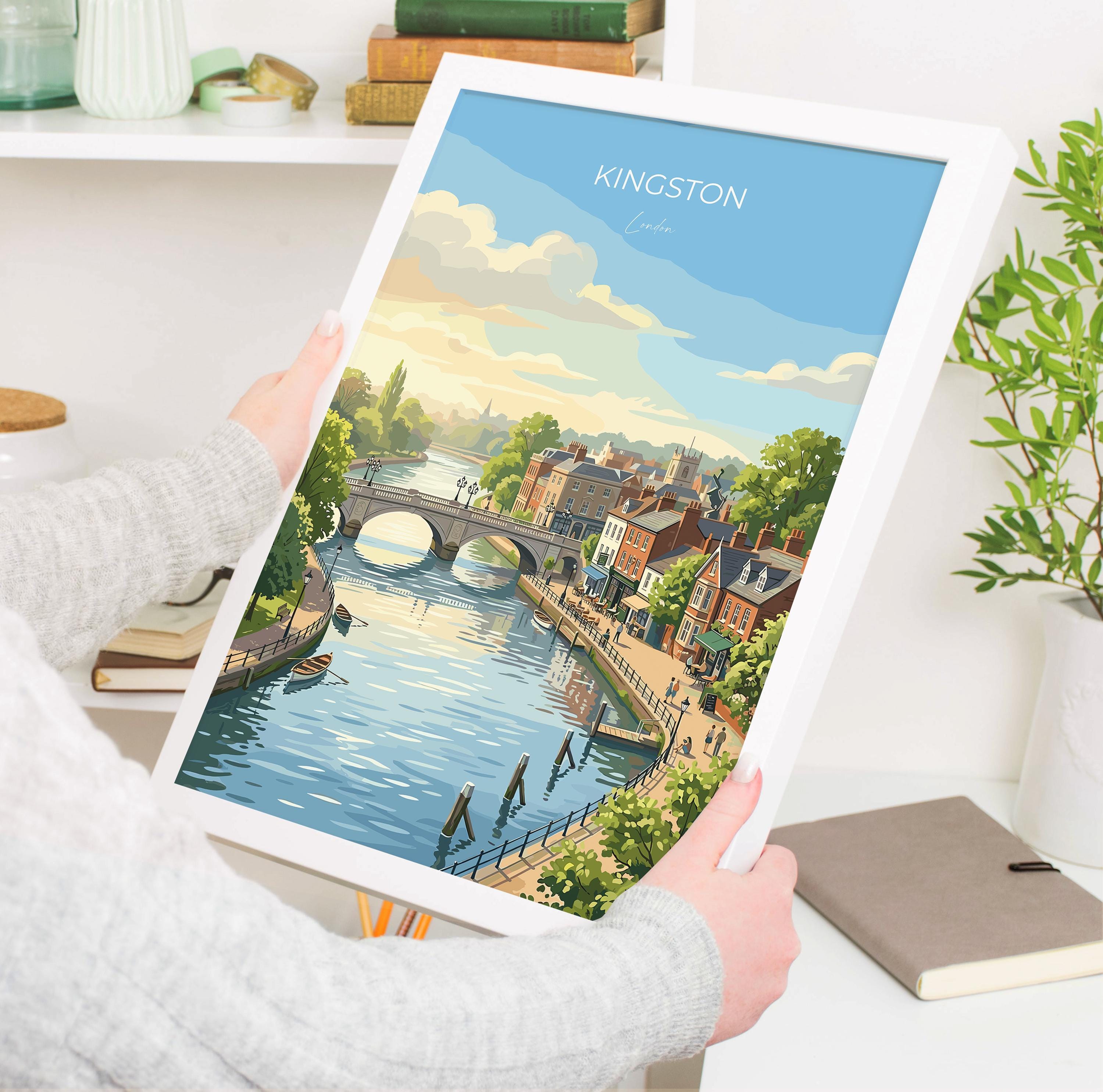 Kingston upon Thames Travel Print, Kingston Bridge River Thames Wall Art, Surrey Riverside Poster, Historic Town Art, Vintage Style UK Decor