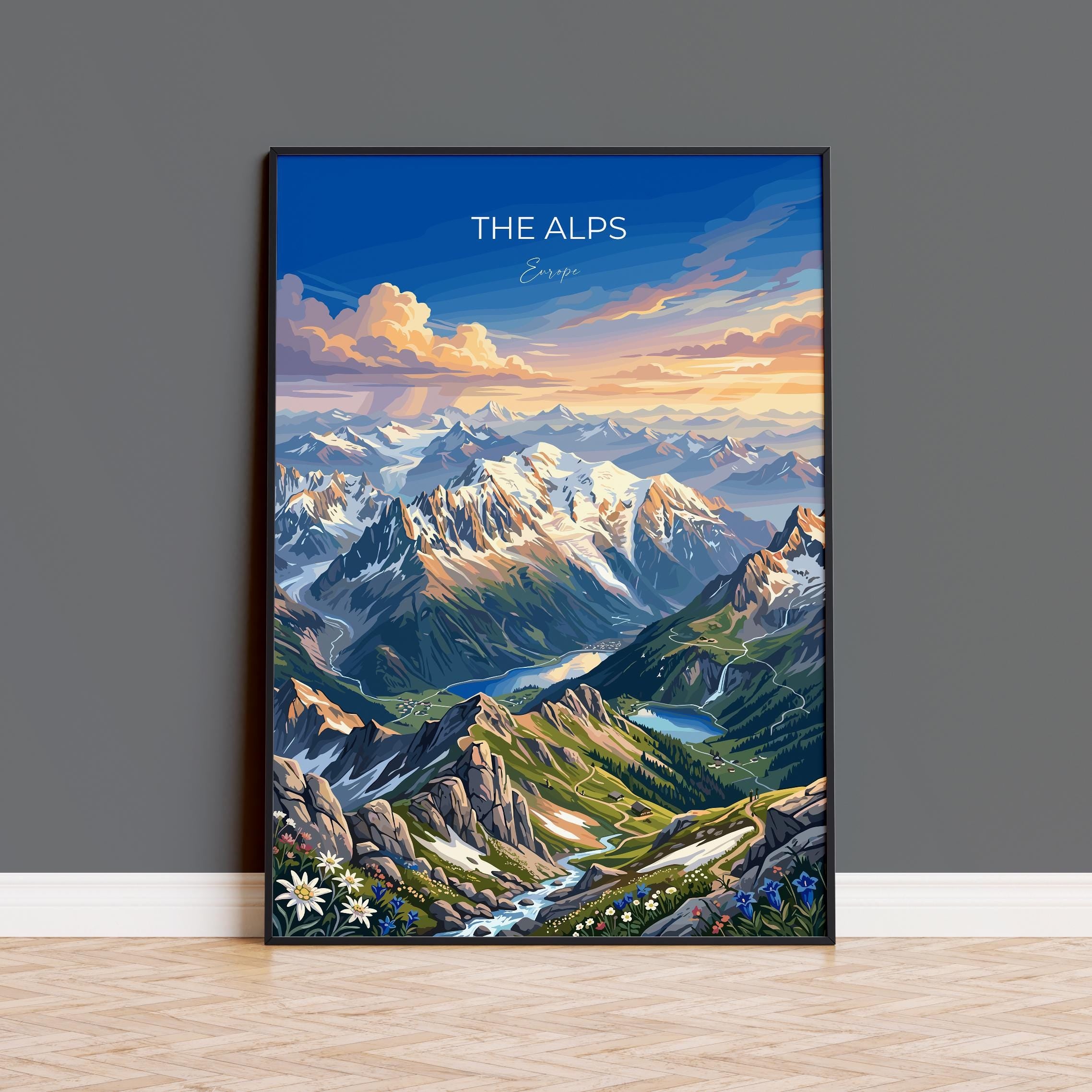 The Alps Europe Travel Print, Alpine Mountains Wall Art, Snow-Capped Peaks Poster, European Landscape Illustration, Vintage Style Decor
