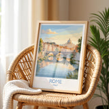 Rome Tiber River Travel Poster, Rome Skyline Wall Art, Historic Bridge & Cityscape Print, Italy Landscape Illustration, Europe Decor