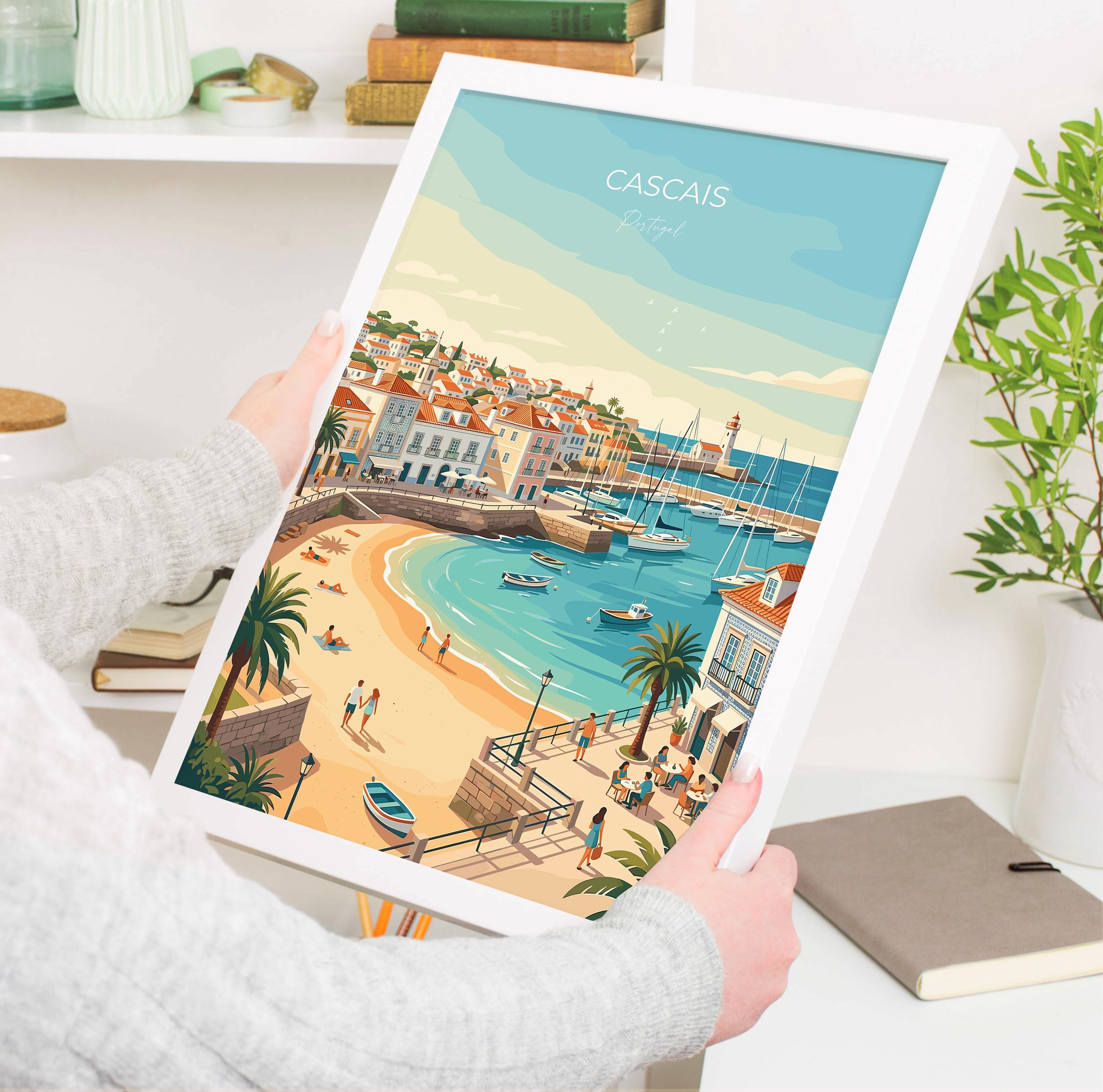 Cascais Portugal Travel Print, Portuguese Coast Wall Art, Seaside Town Poster, Atlantic Ocean Landscape Illustration, Europe Decor