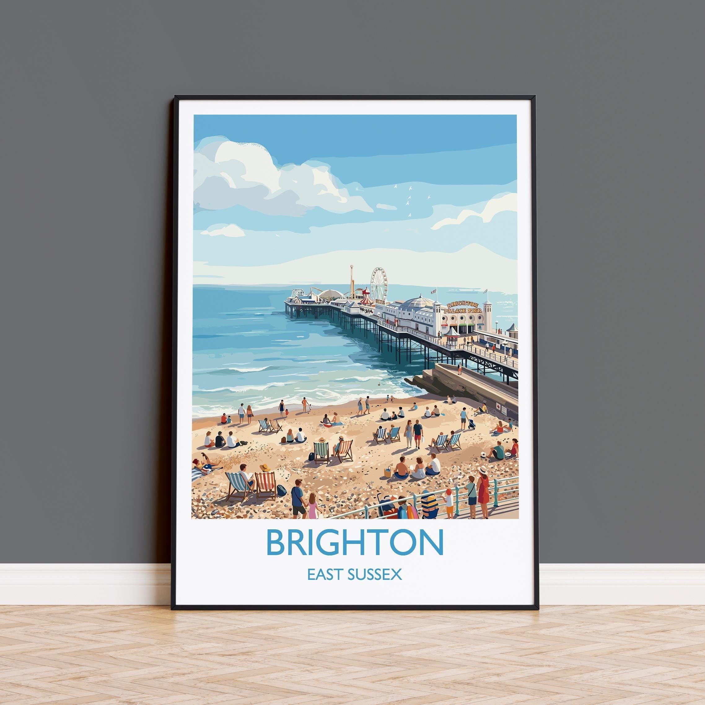 Brighton Travel Poster, Brighton Pier Wall Art, Seaside Print UK, Royal Pavilion Illustration, Vintage Style Coastal Decor, Brighton Gift NQ Media Designs