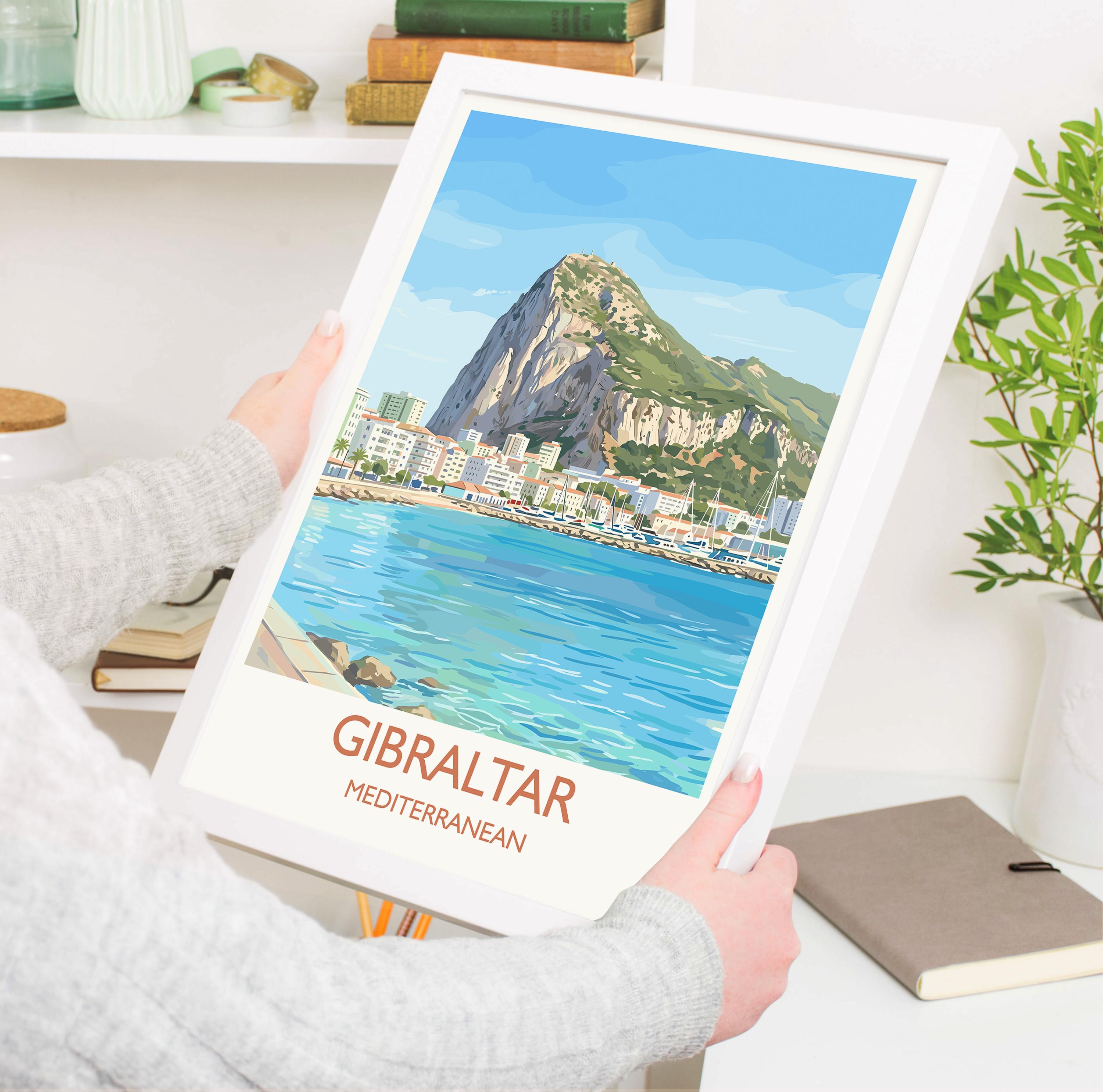 Gibraltar Travel Poster, Rock of Gibraltar Wall Art, Mediterranean Coastal Print, Historic Peninsula Illustration, Vintage Style Decor