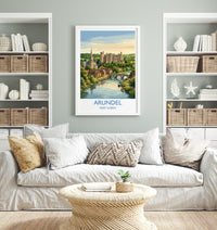 Arundel Castle Travel Poster, Arundel Cathedral River View Wall Art, West Sussex Print, Historic Town Illustration, Vintage Style UK Decor