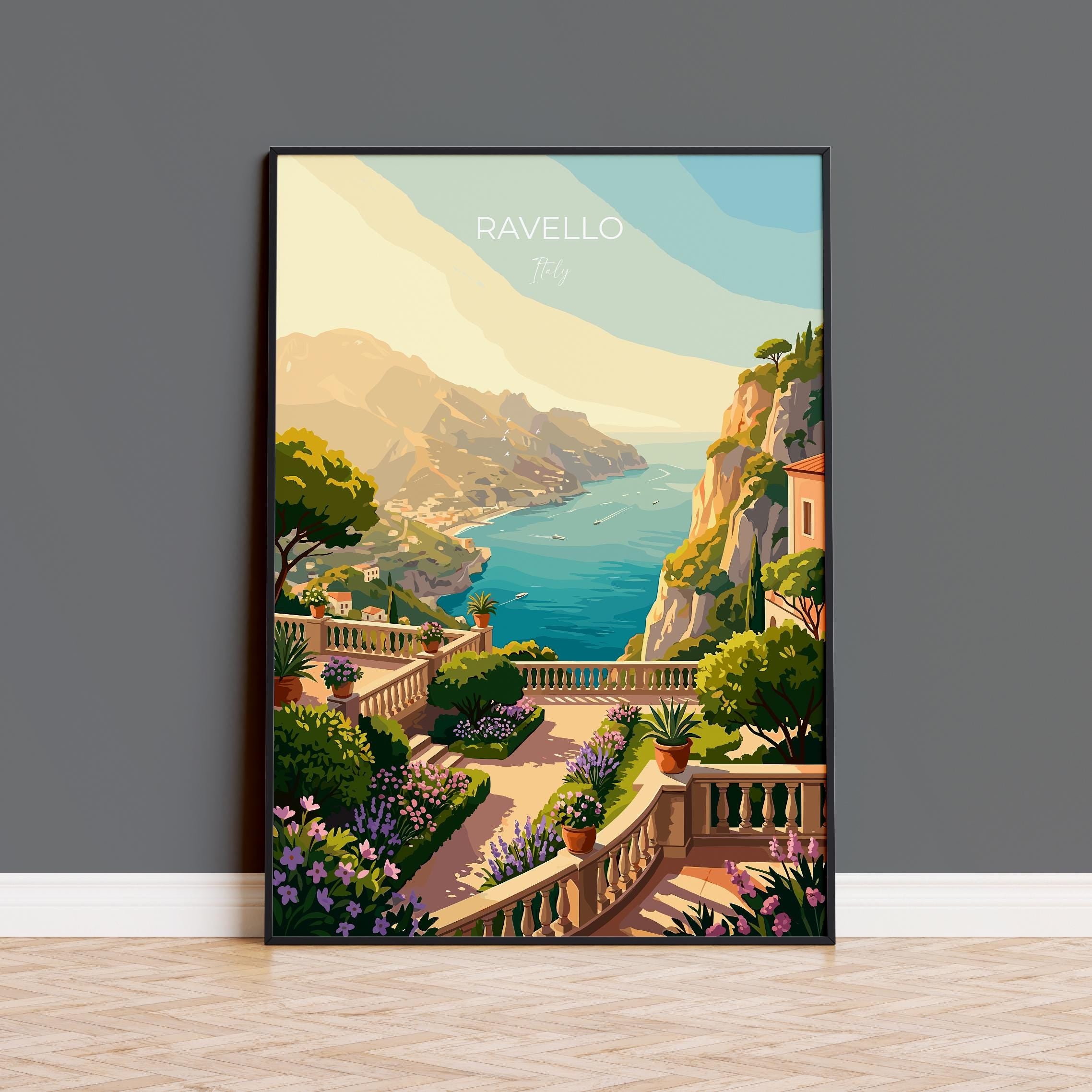 Ravello Italy Travel Print, Amalfi Coast Wall Art, Mediterranean Cliffside Village Poster, Scenic Coastal Illustration, Vintage Europe Decor