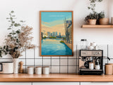Canary Wharf London Travel Print, Royal Victoria Dock Wall Art, London Skyline Poster, O2 & Cable Car, East London Travel Poster
