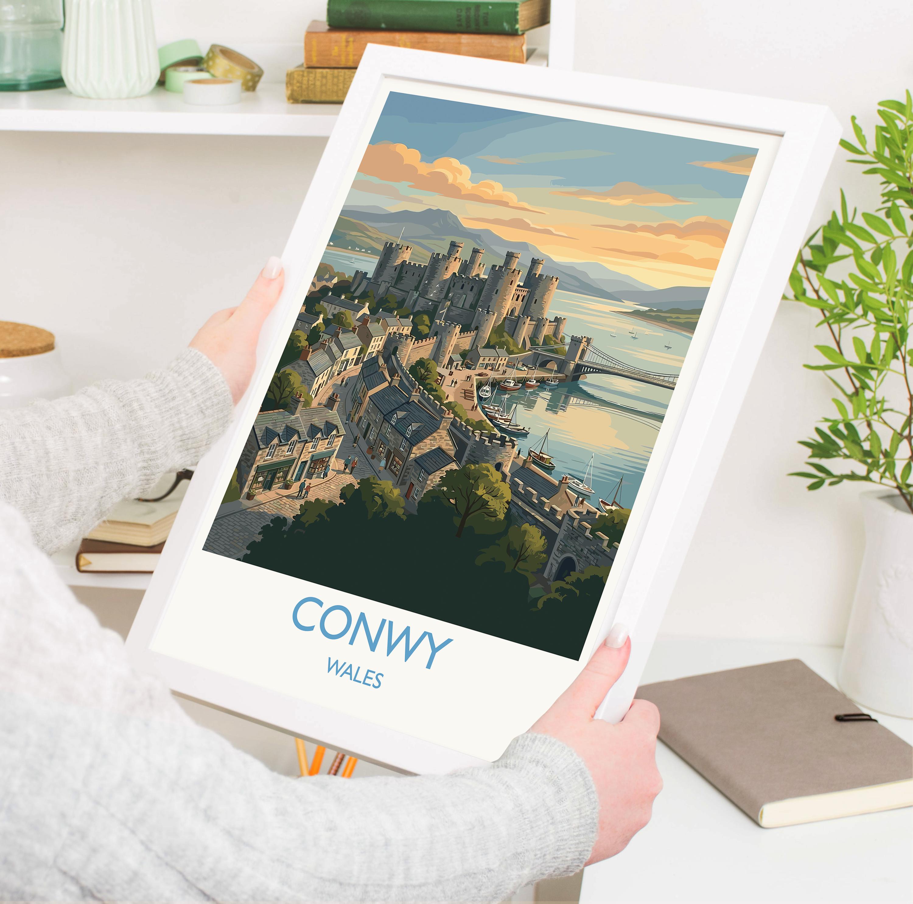 Conwy Wales Travel Poster, Conwy Castle Wall Art, Historic Harbour Print, North Wales Illustration, Vintage Style UK Decor