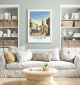 Chichester Cathedral Travel Poster, Chichester High Street Clock Tower Wall Art, West Sussex City Print, Historic England, Vintage Style UK